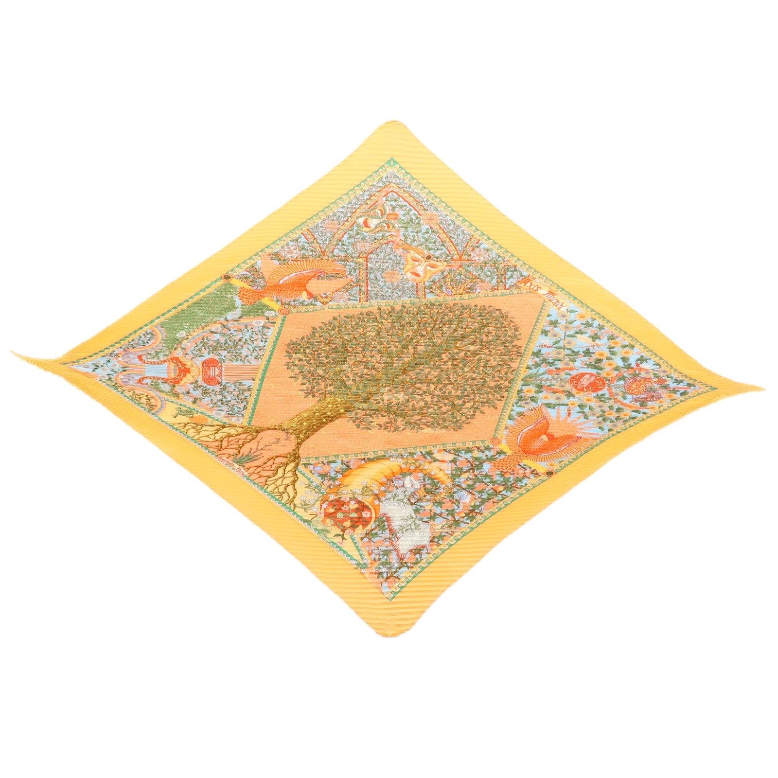 HERMES Pleated Carre 90 Silk 100% Scarf AXIS MUNDI Tree Print
