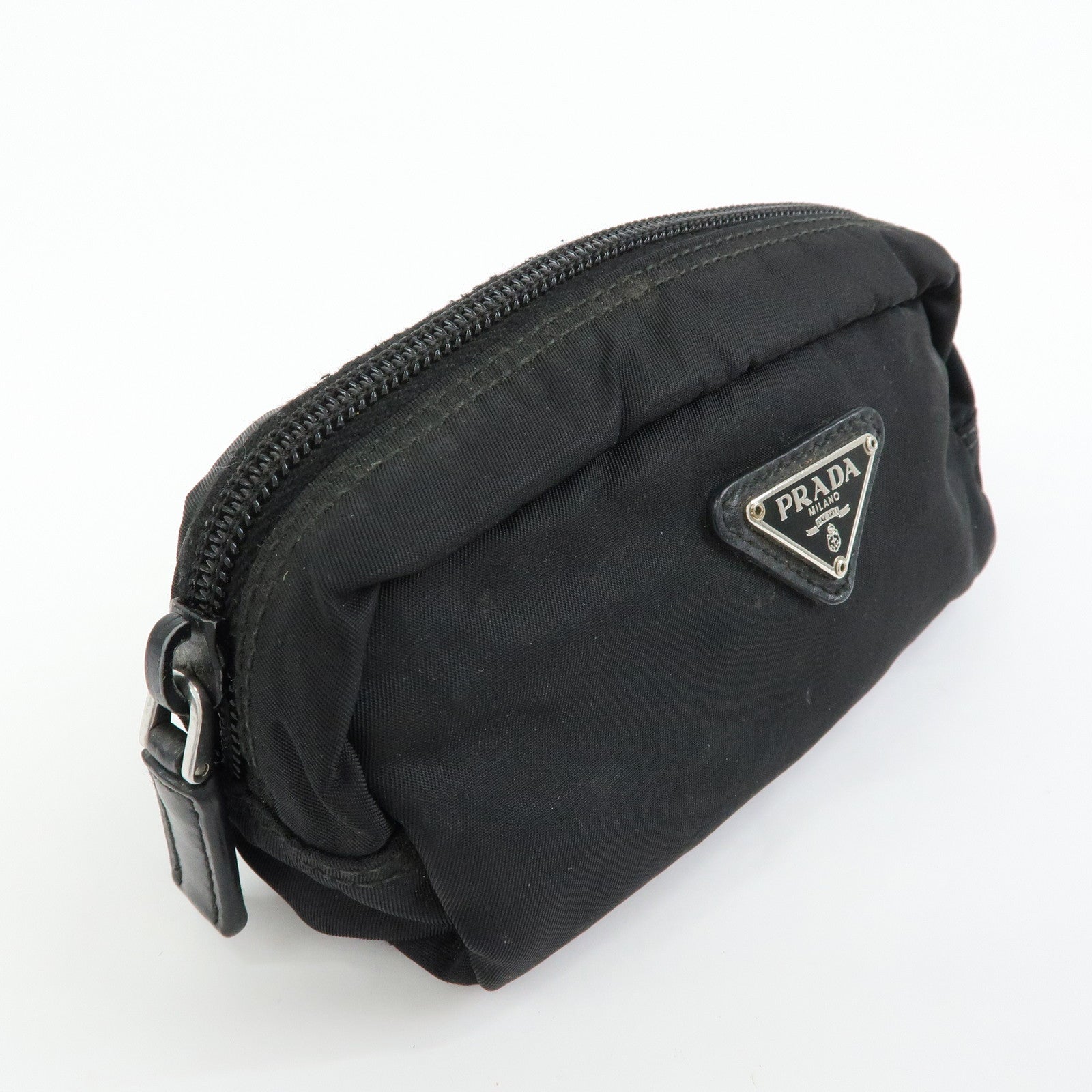 PRADA Triangle Logo Nylon Leather Pouch Cosmetic Case Black