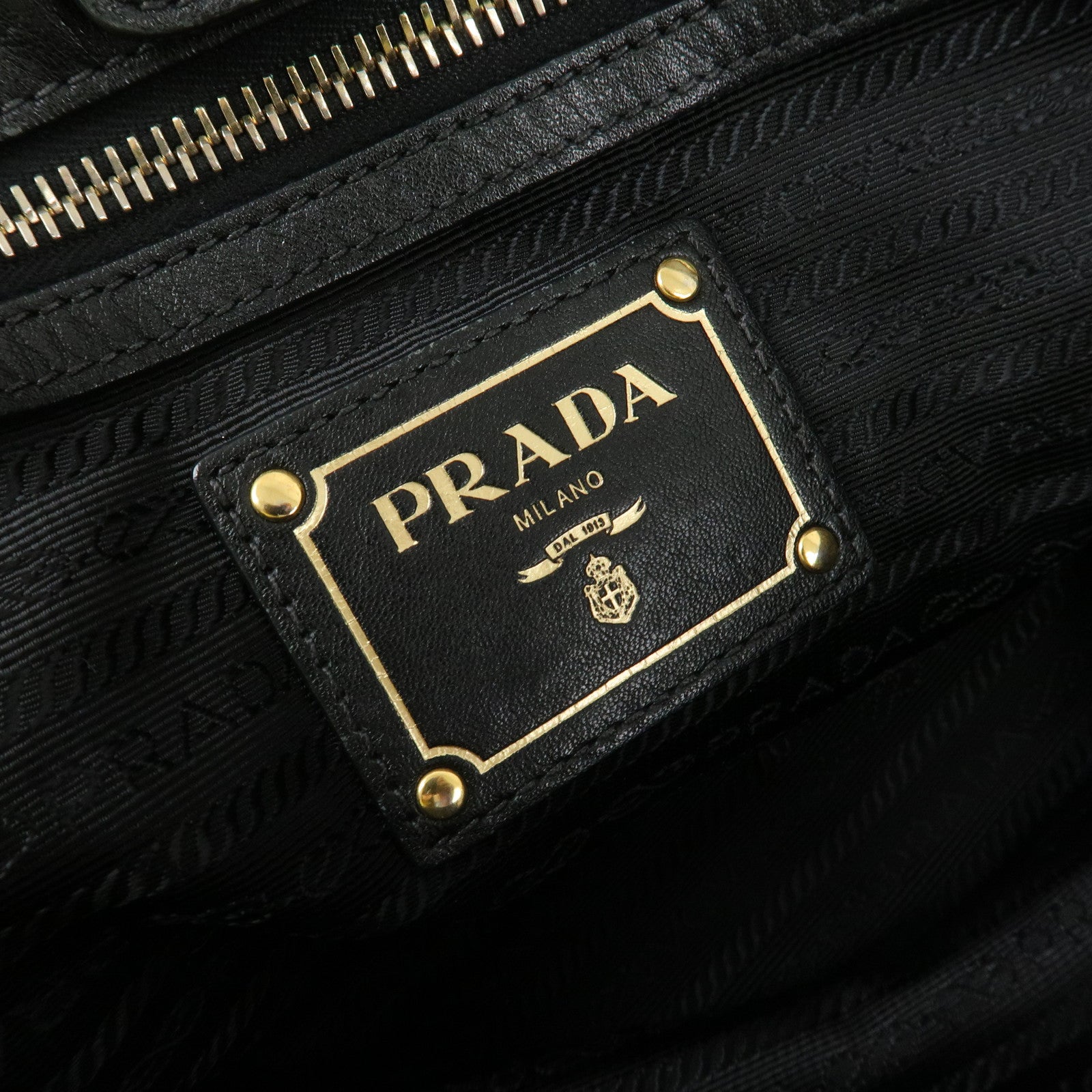 PRADA Logo Calf Leather 2Way Tote Bag Hand Bag Black Gold HDW BN1902 Used