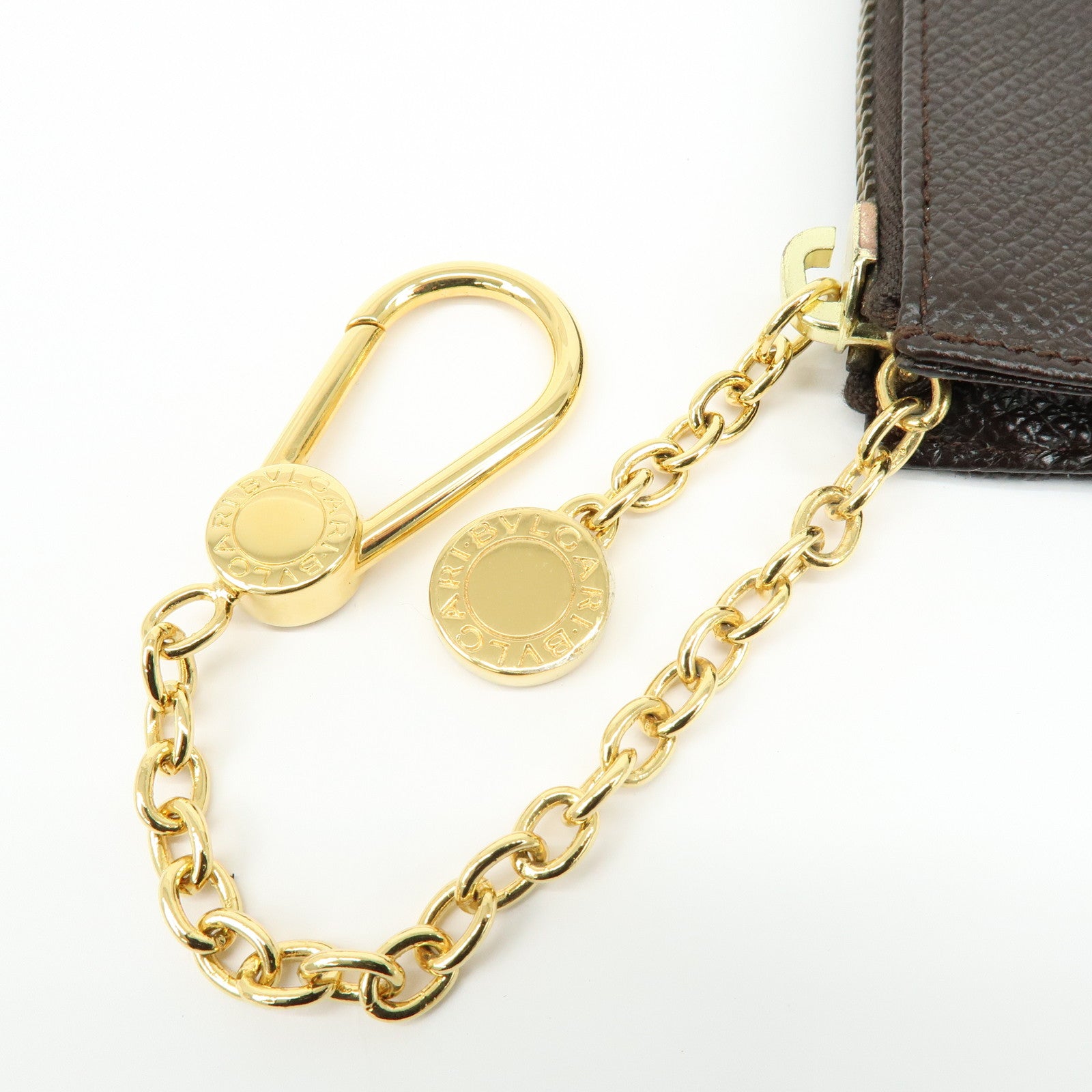 BVLGARI Leather Coin Case Coin Purse Key Chain Dark Brown