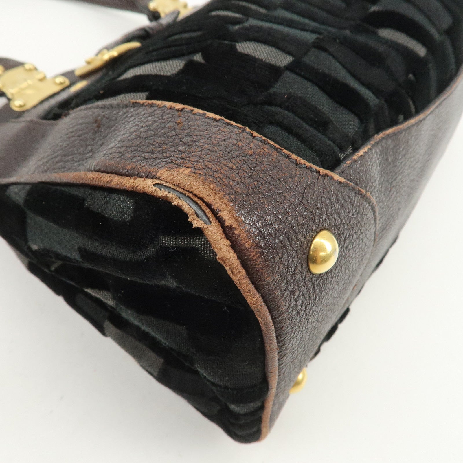 MIU MIU Logo Velour Leather Shoulder Bag Black Brown