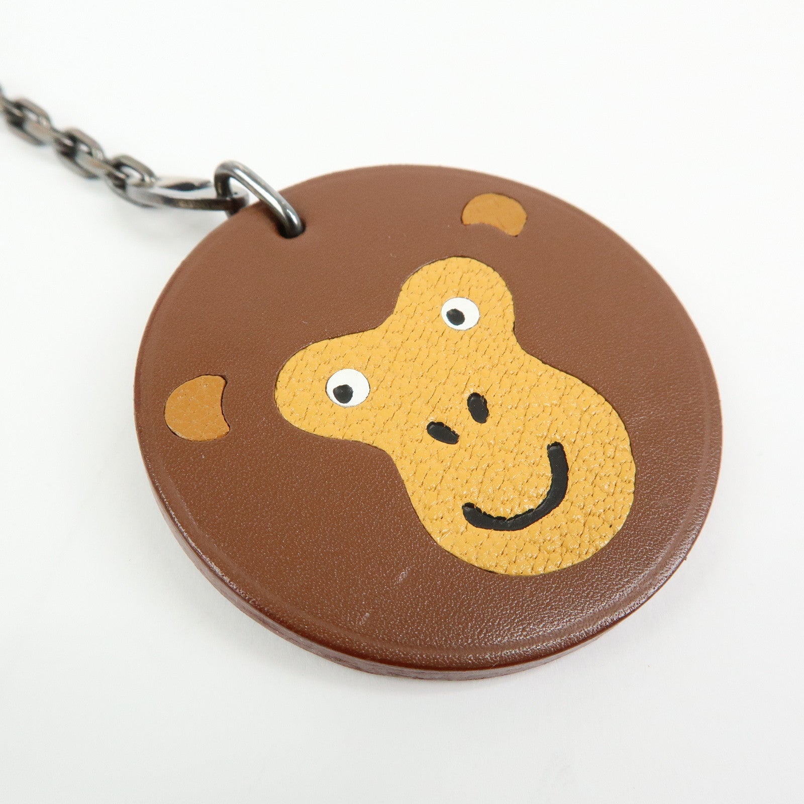 HERMES Leather Bag Charm Key Holder Monkey Brown Yellow