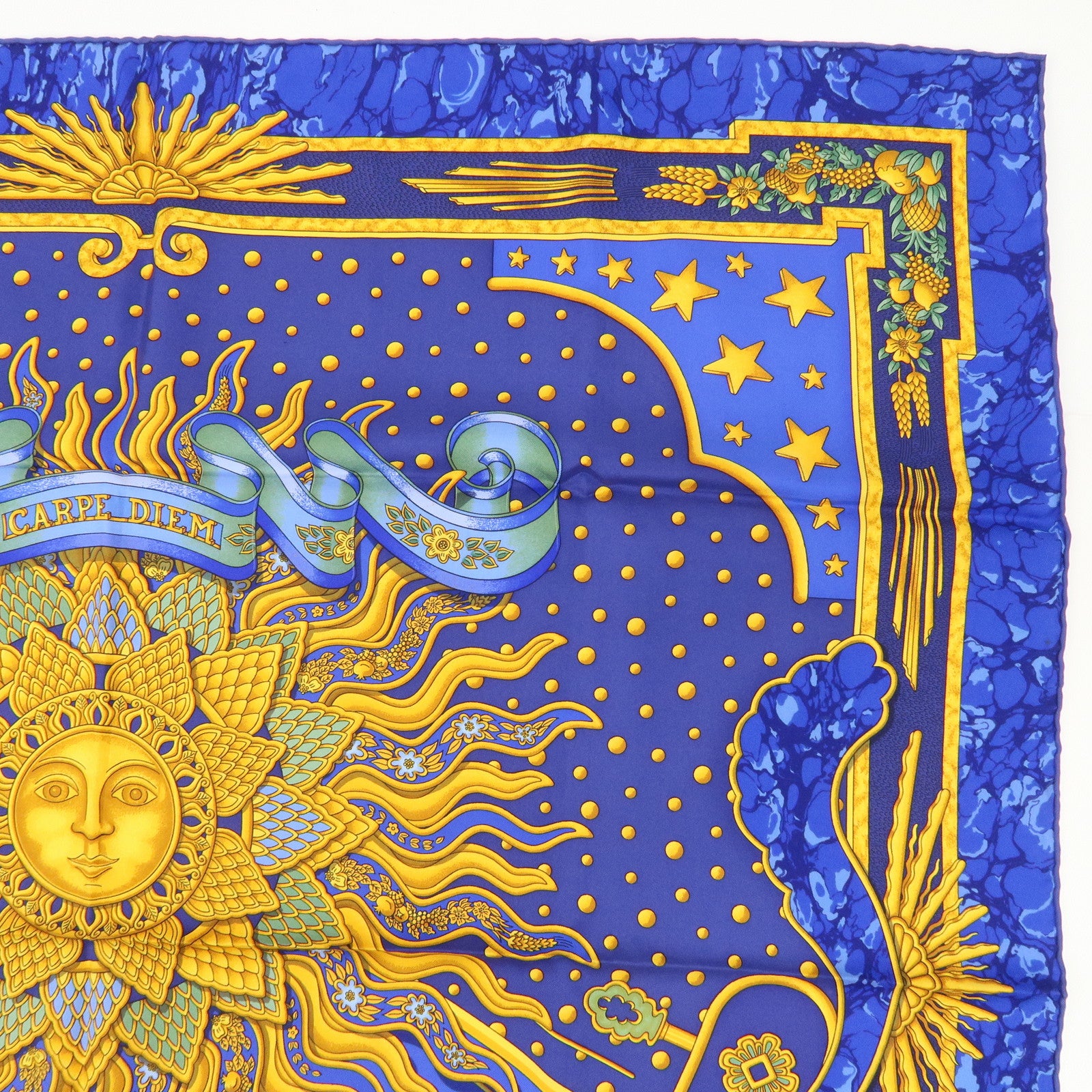HERMES Carre 90 Silk 100% Scarf CARPE DIEM Blue Yellow