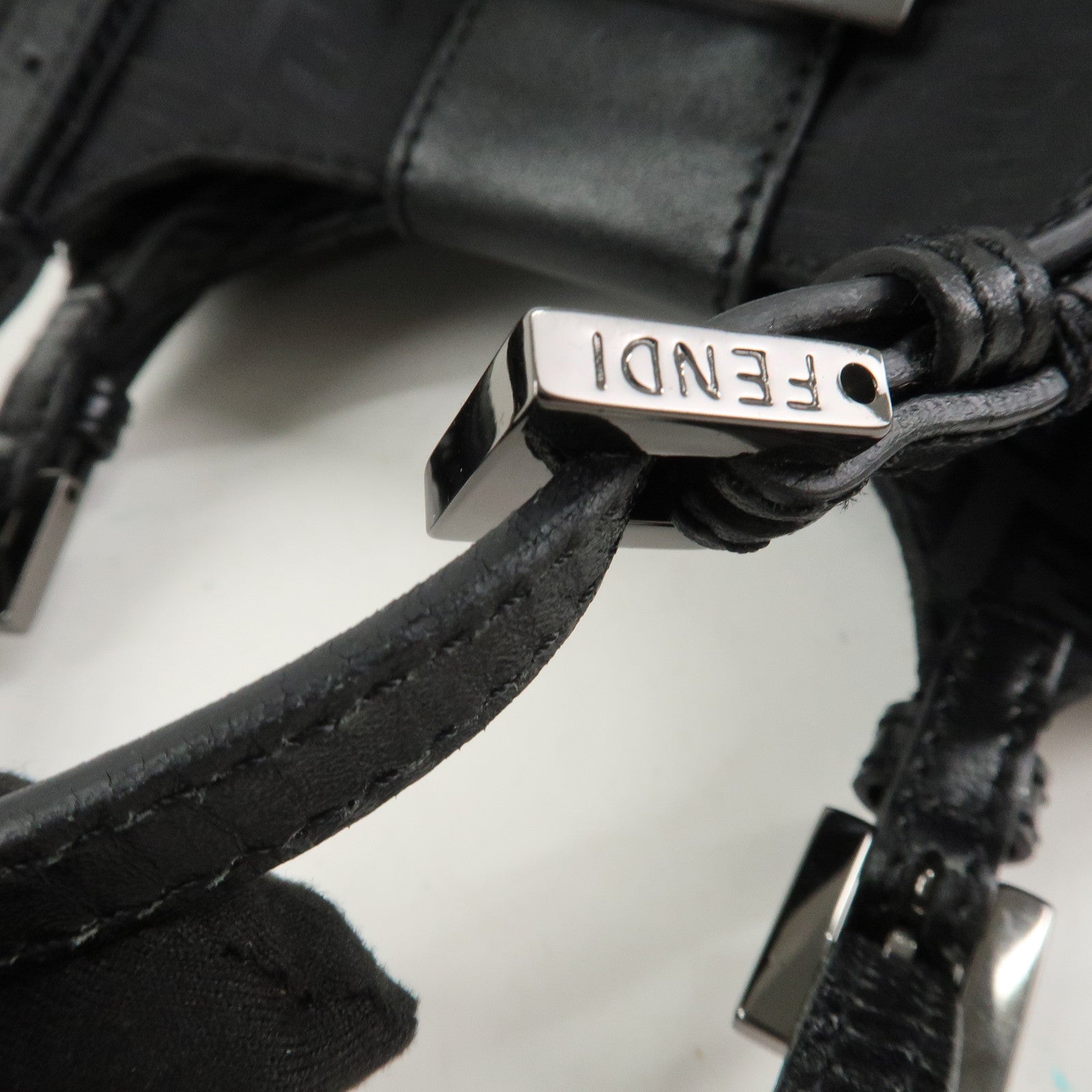 FENDI Zucchino Canvas Leather Hand Bag Shoulder Bag Black 8BR437