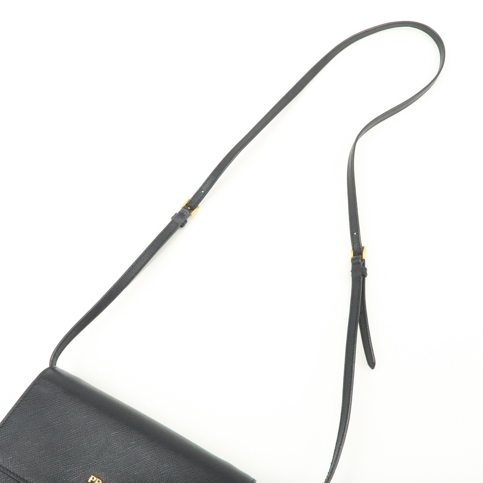 PRADA Saffiano Leather Shoulder Wallet Shoulder Bag Black BT1019