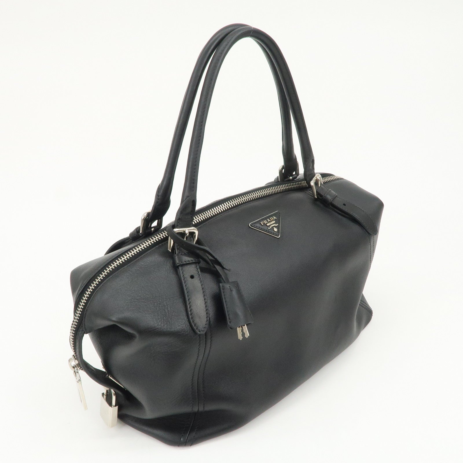 PRADA Triangle Logo Leather Boston Bag Shoulder Bag Black BR4998