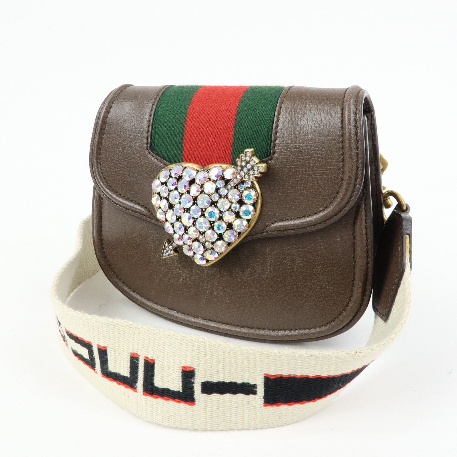 GUCCI Sherry Leather Shoulder Bag Totem Crystal Heart Brown 500756