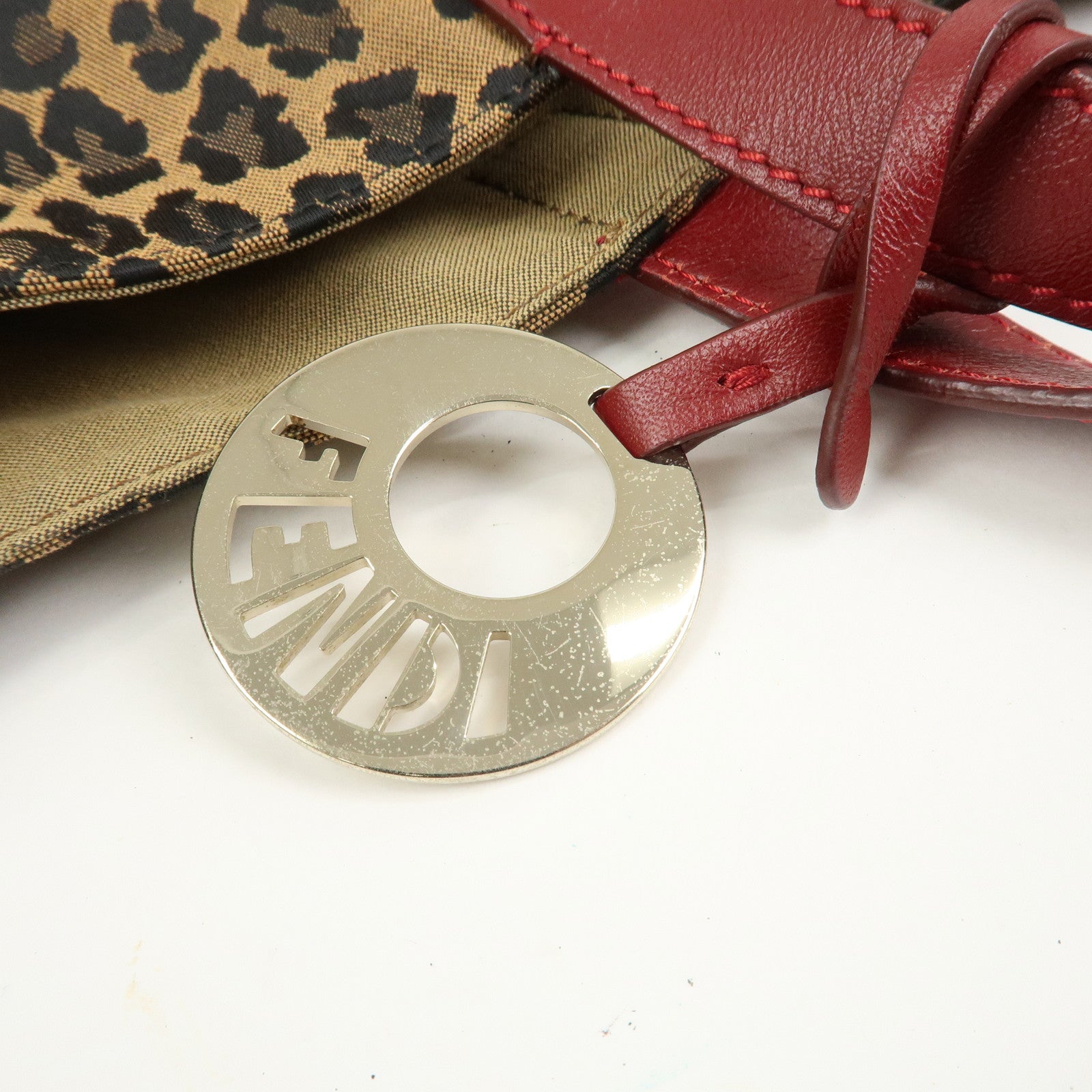 FENDI Canvas Leather Leopard Tote Bag Hand Bag Brown Red 8BH173