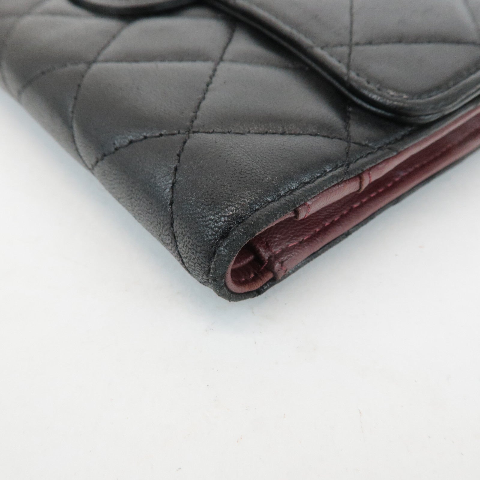 CHANEL Matelasse Lamb Skin Tri-Fold Long Wallet Black A31506 Used