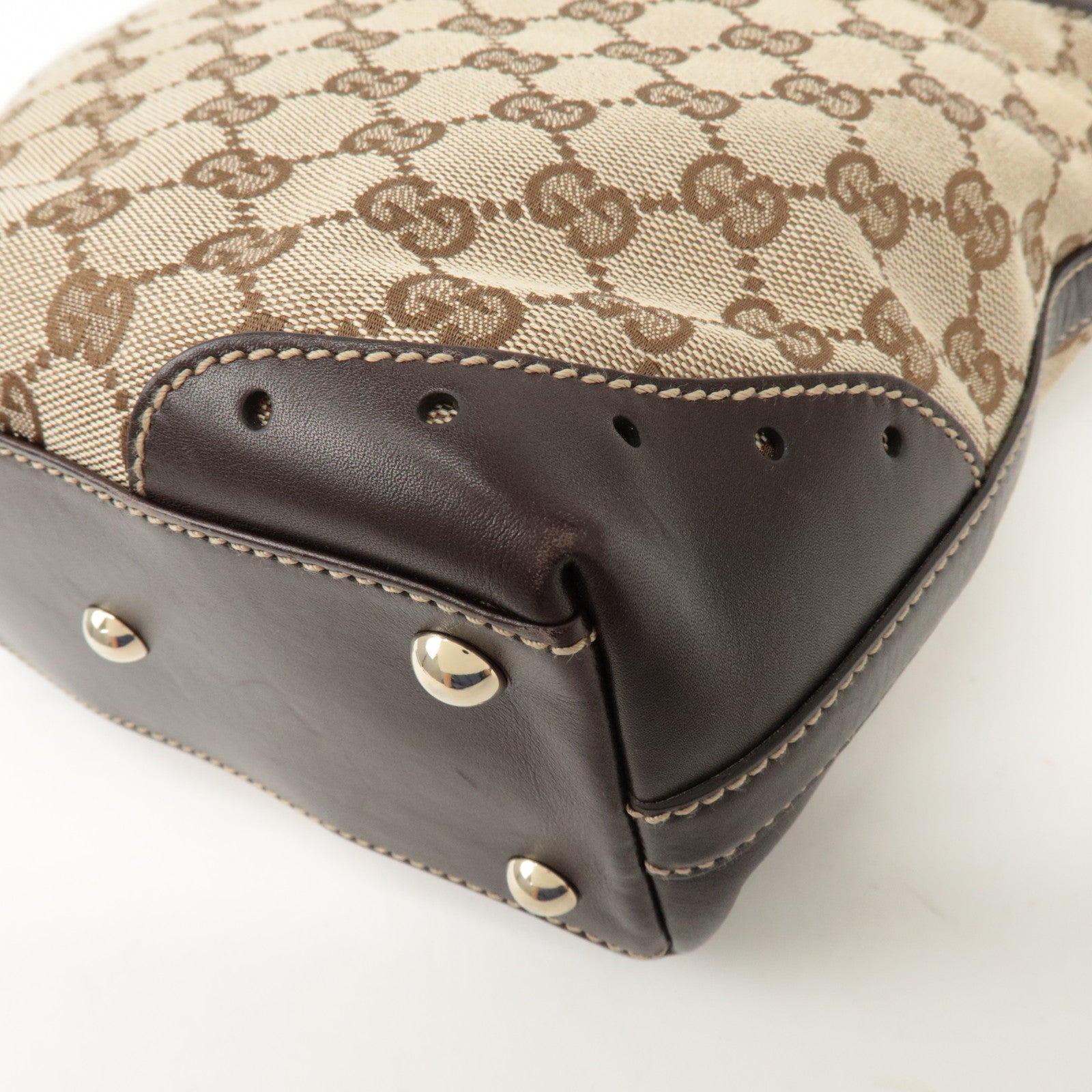 GUCCI GG Canvas Leather Tote Bag Hand Bag Beige Dark Brown 145994 Used