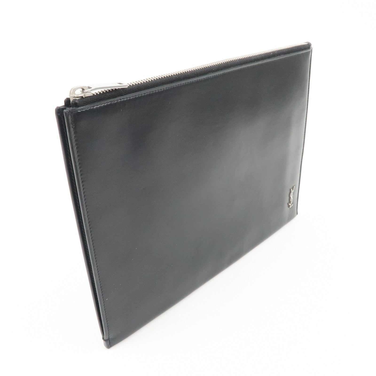 SAINT LAURENT Logo Leather Clutch Bag Black Silver HDW 607779