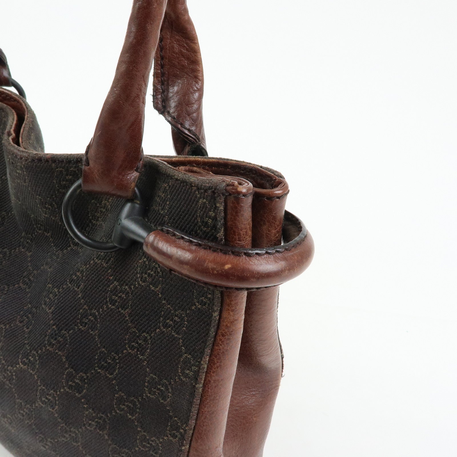 GUCCI GG Denim Leather Tote Bag Shoulder Bag Dark Brown 101971