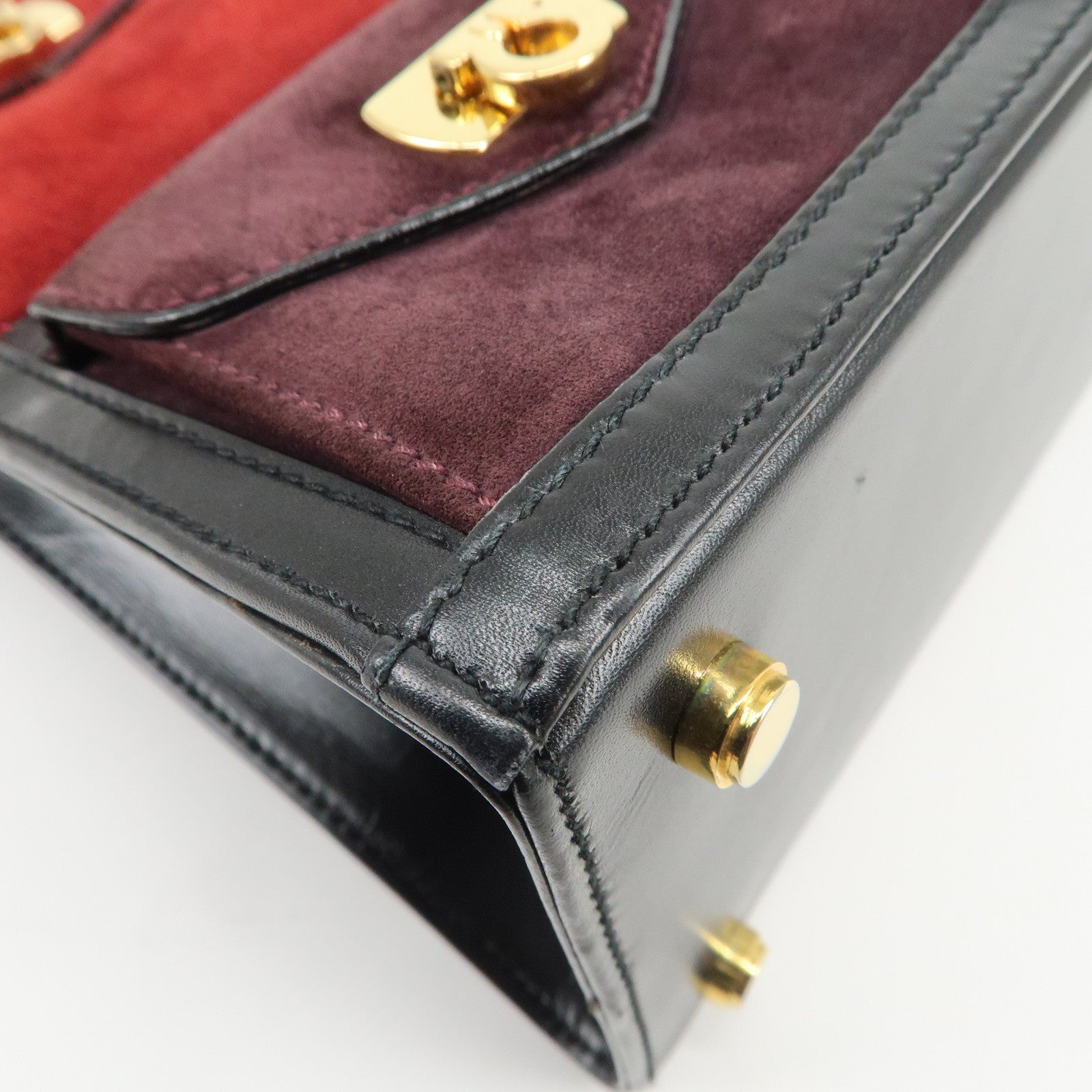 Ferragamo Gancini Suede Leather Hand Bag Tote Bag Black Khaki Red