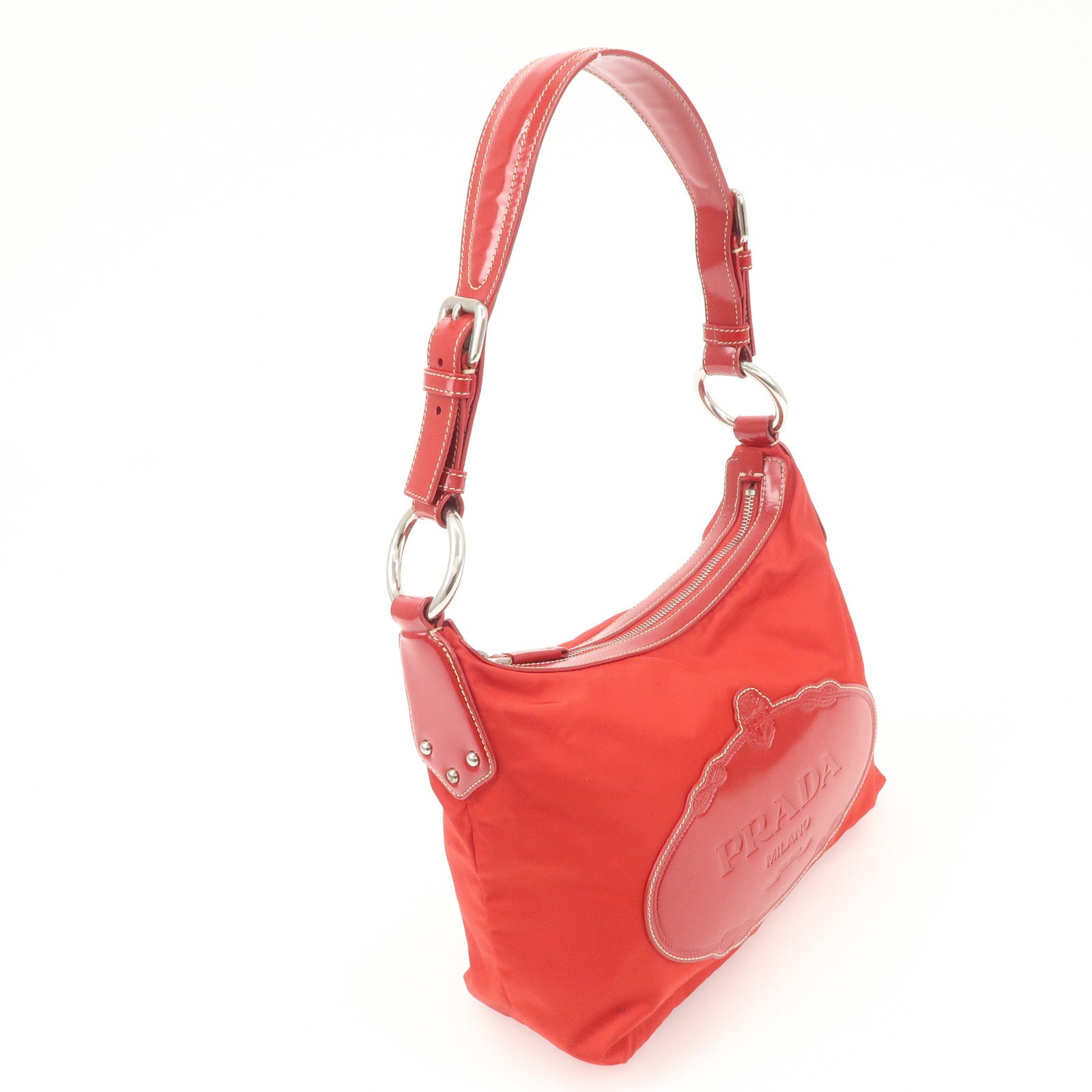 PRADA Logo Nylon Leather Shoulder Bag Silver HDW Red Used