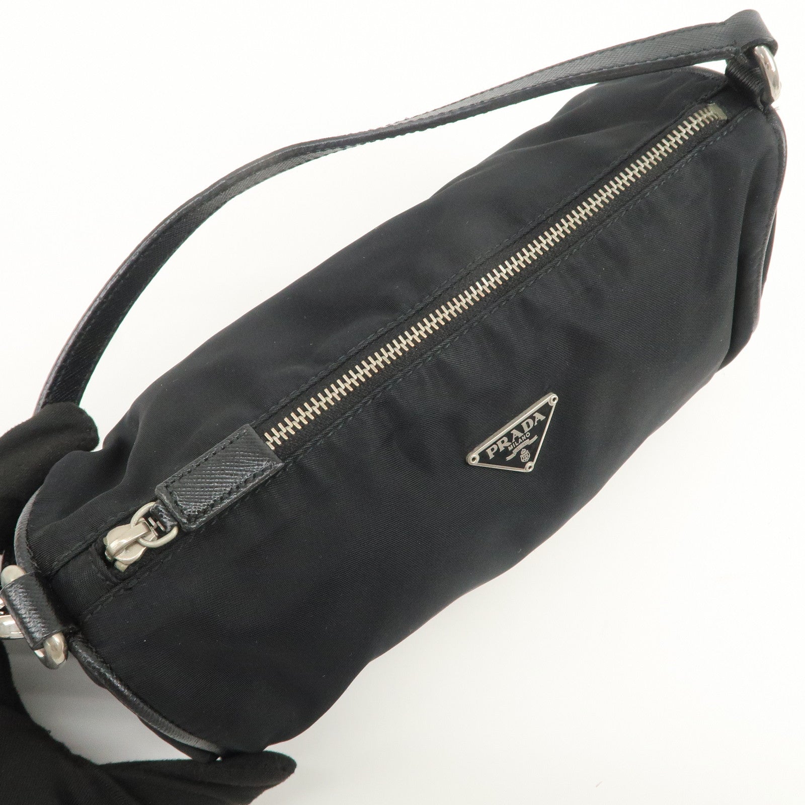 PRADA Triangle Logo Nylon Saffiano Leather Hand Bag Black