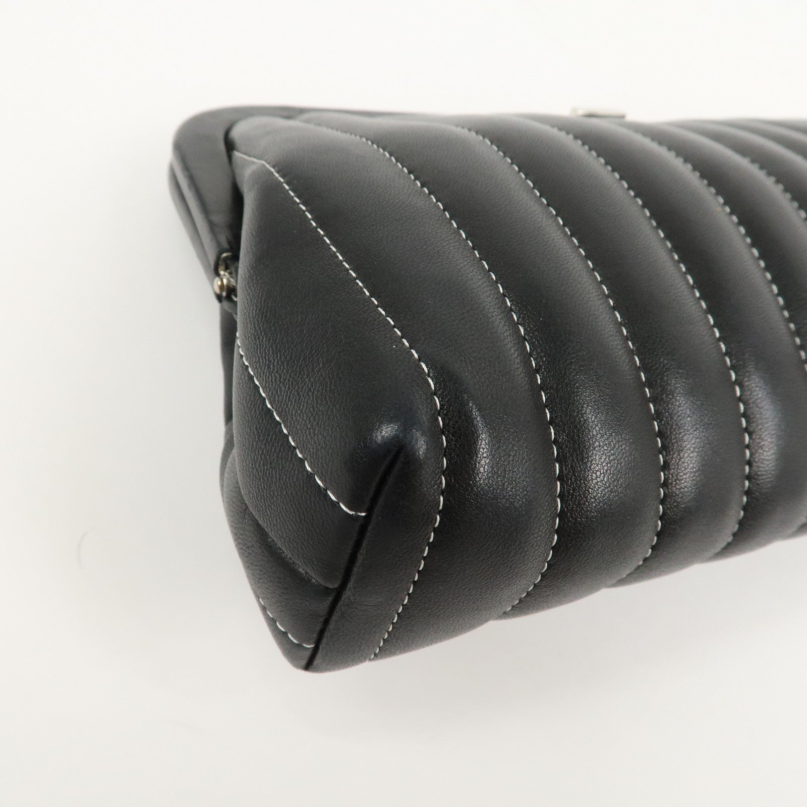 CHANEL Mademoiselle Line Lamb Skin Clutch Bag Hand Bag Black