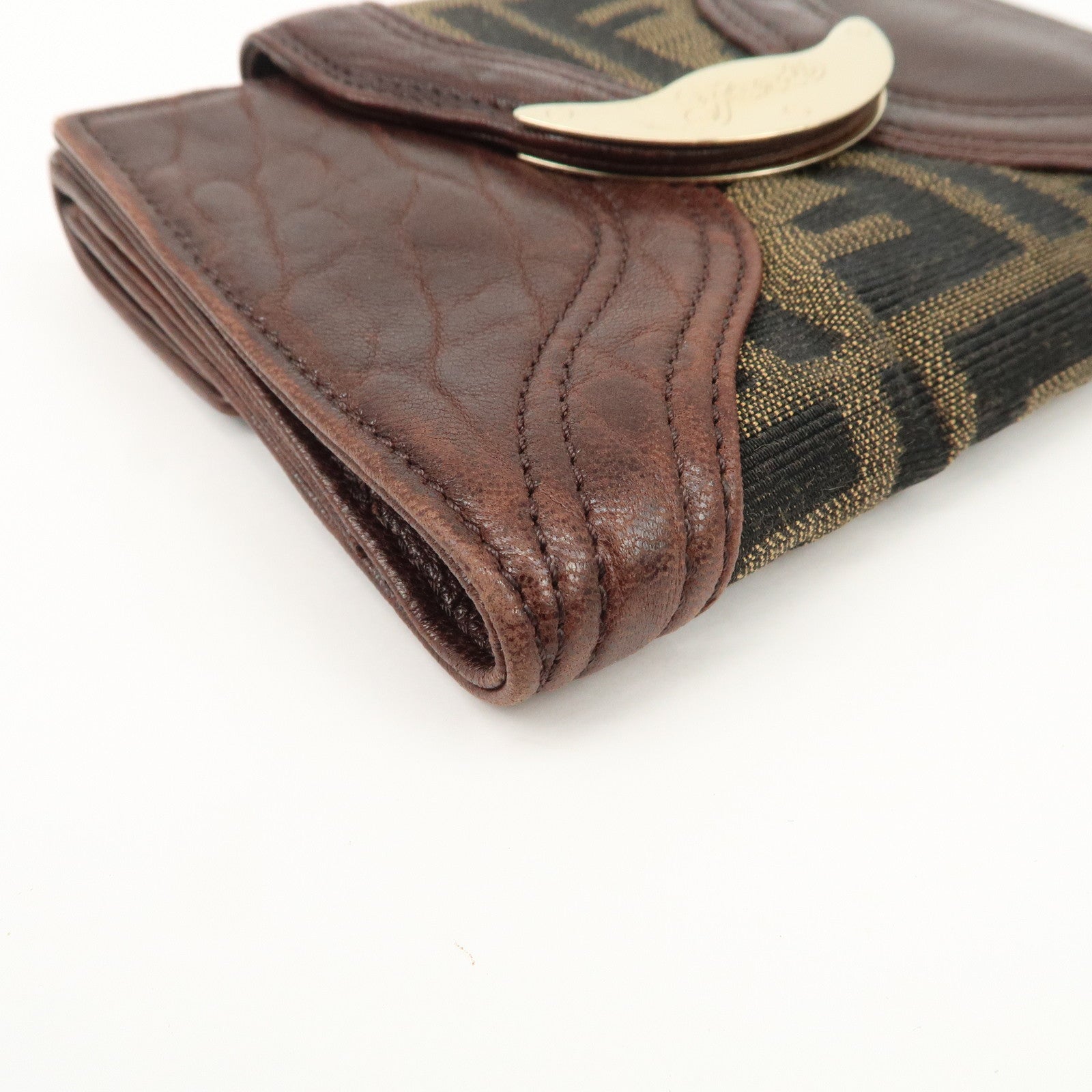 FENDI Zucca Leather Canvas W Hook Bi-fold Wallet Dark Brown 8M0160 Used