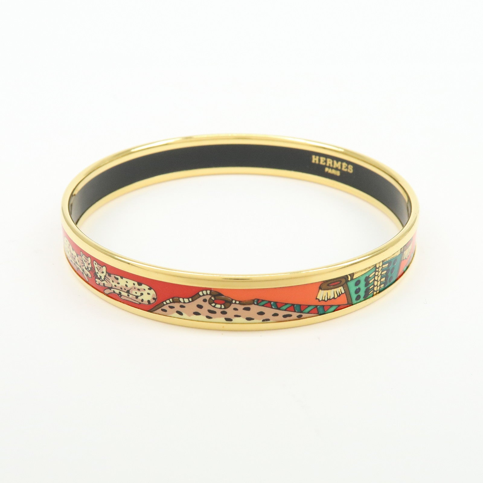 HERMES Email PM Bangle Gold Plated Bracelet Leopard Motif Orange