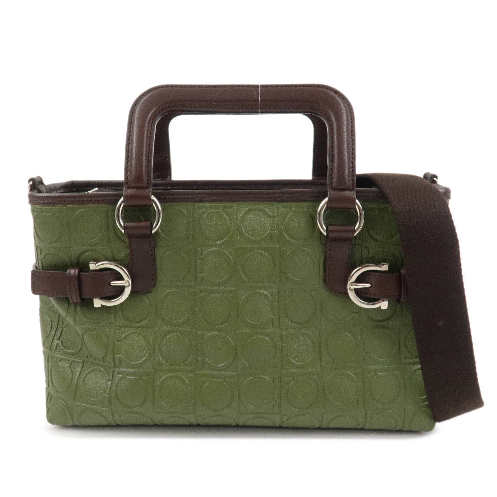 Ferragamo Gancini Embossed Leather 2Way Hand Shoulder Bag Green