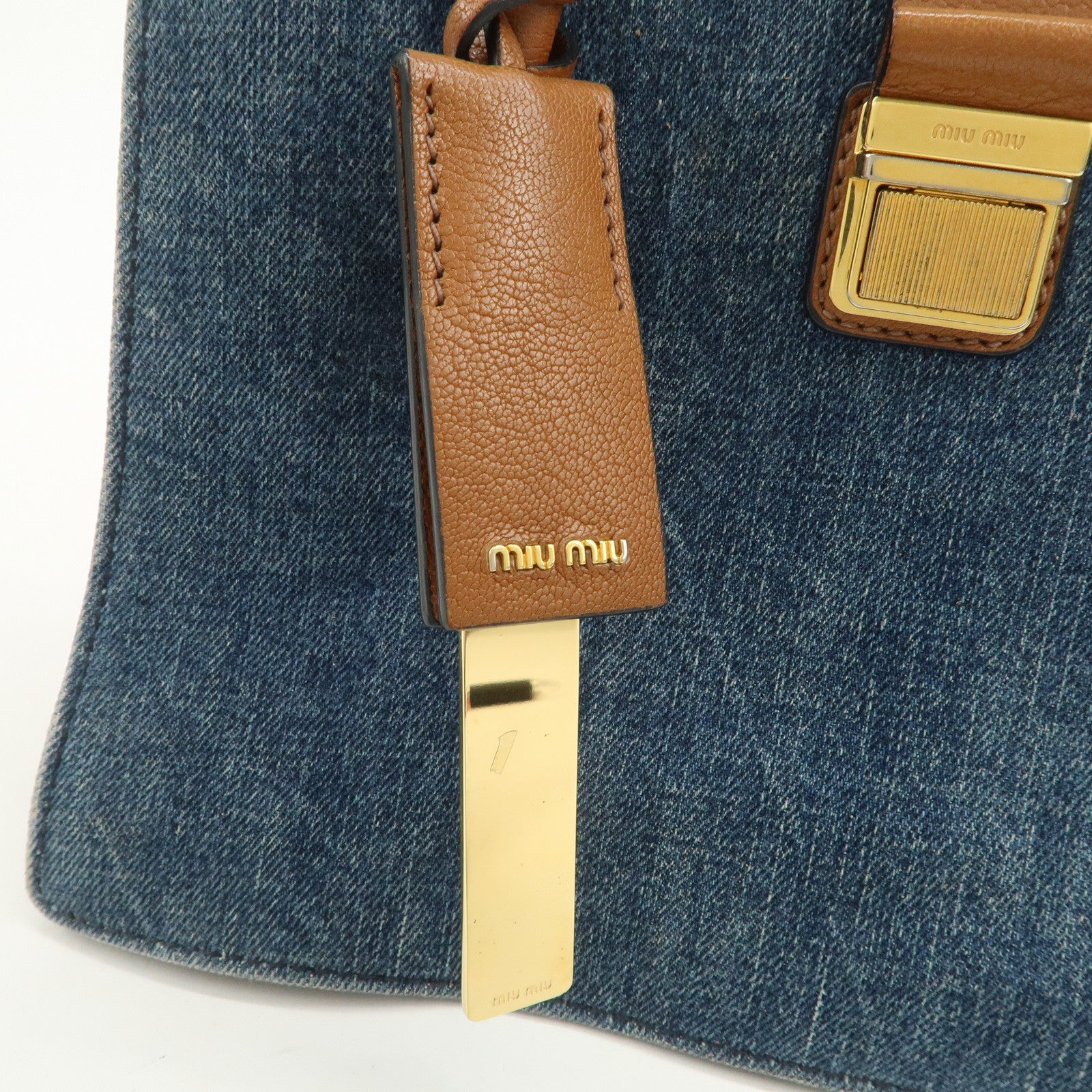 MIU MIU Madras Convertible Denim Leather 2Way Bag Hand Bag 5BA104