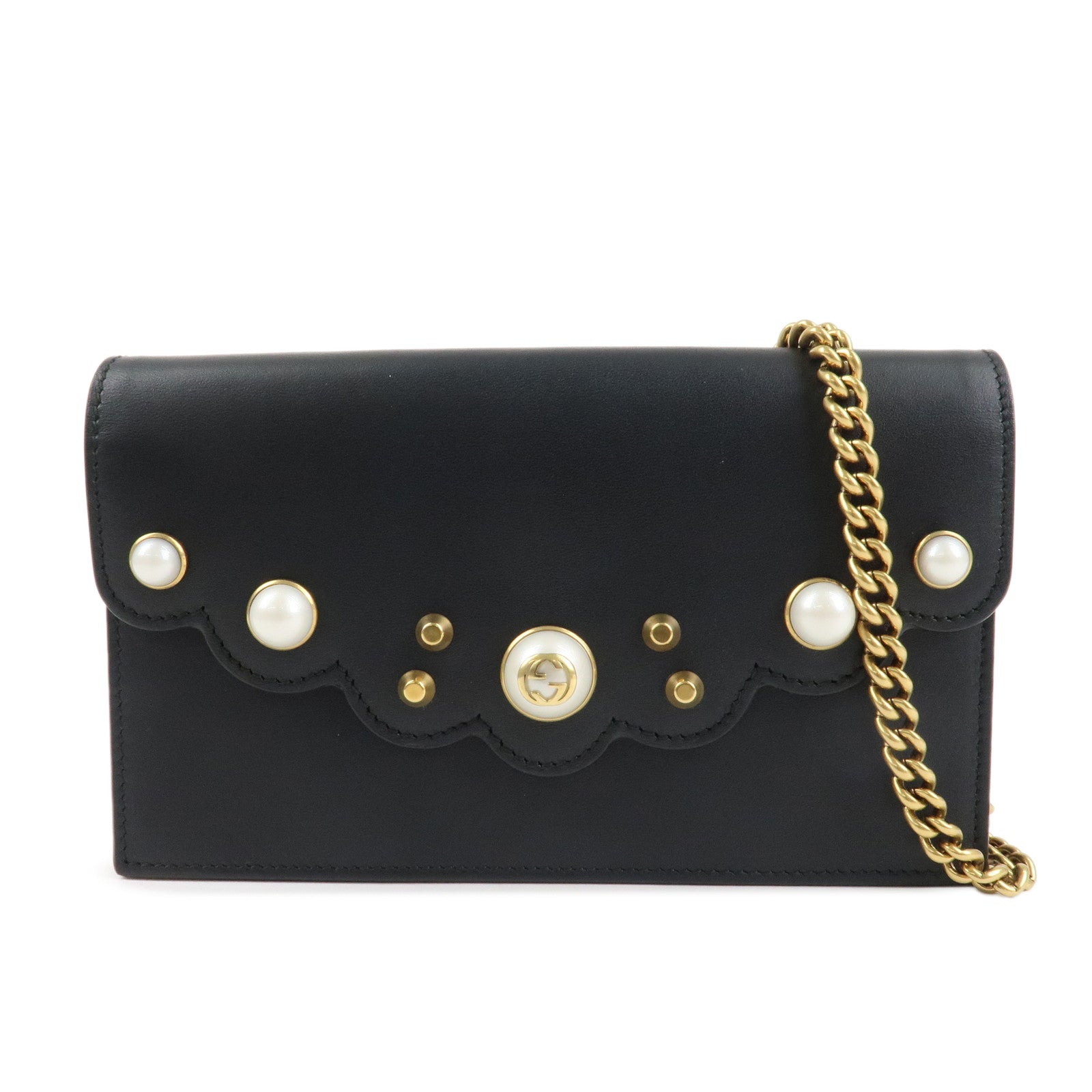 GUCCI GG Marmont Leather Chain Wallet Gold HDW Black 431478 Used