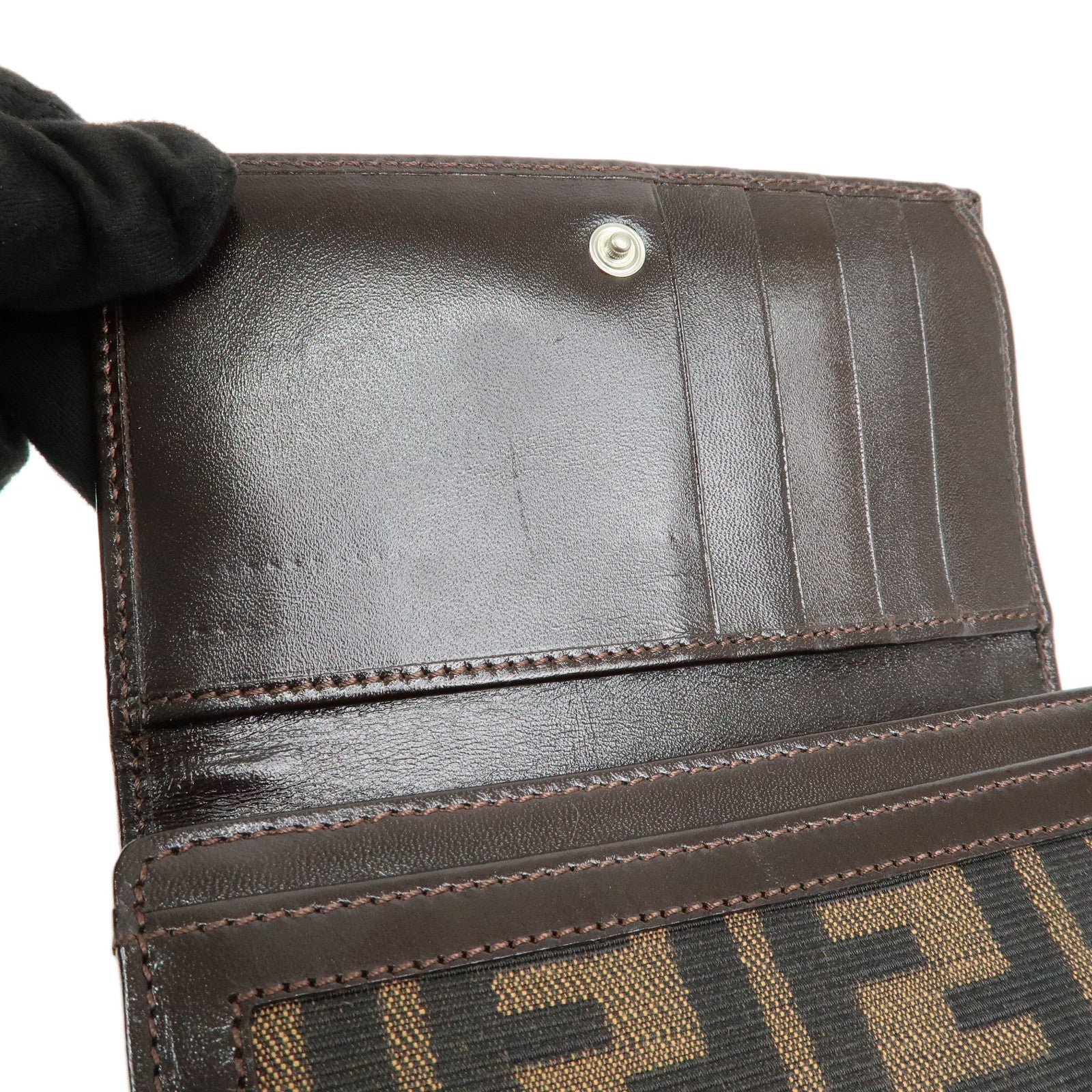 FENDI Zucca Canvas Leather Tri-fold Wallet Brown Black 31052