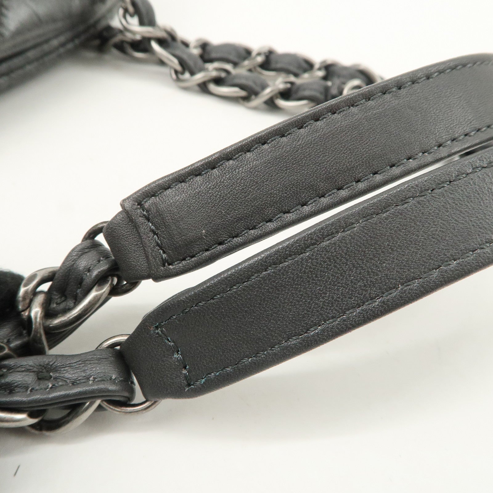 CHANEL Matelasse Leather Mademoiselle Chain Shoulder Bag Gray Silver Used