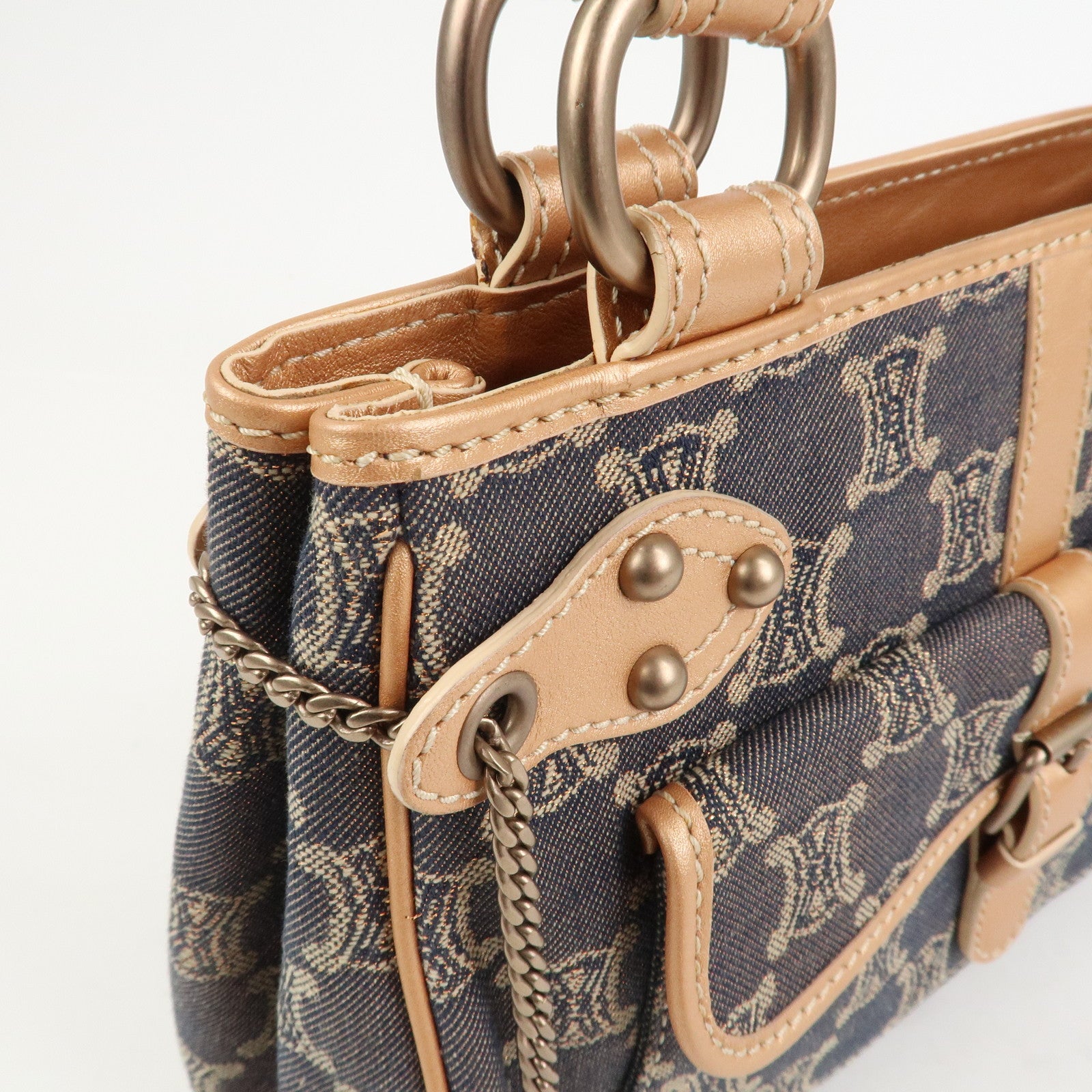 CELINE Macadam Denim Leather Glitter Hand Bag Metallic Pink Navy