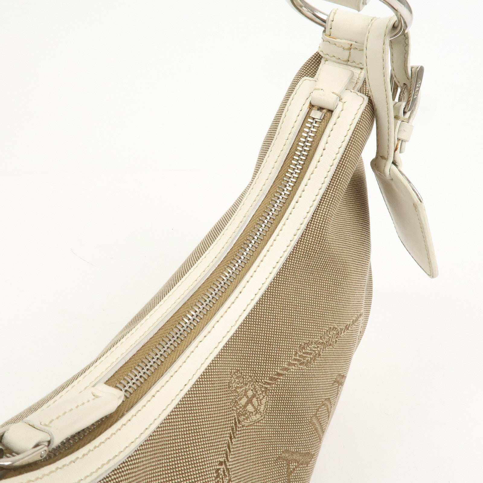 PRADA Logo Canvas Leather Shoulder Bag Hand Bag Beige White BR3429