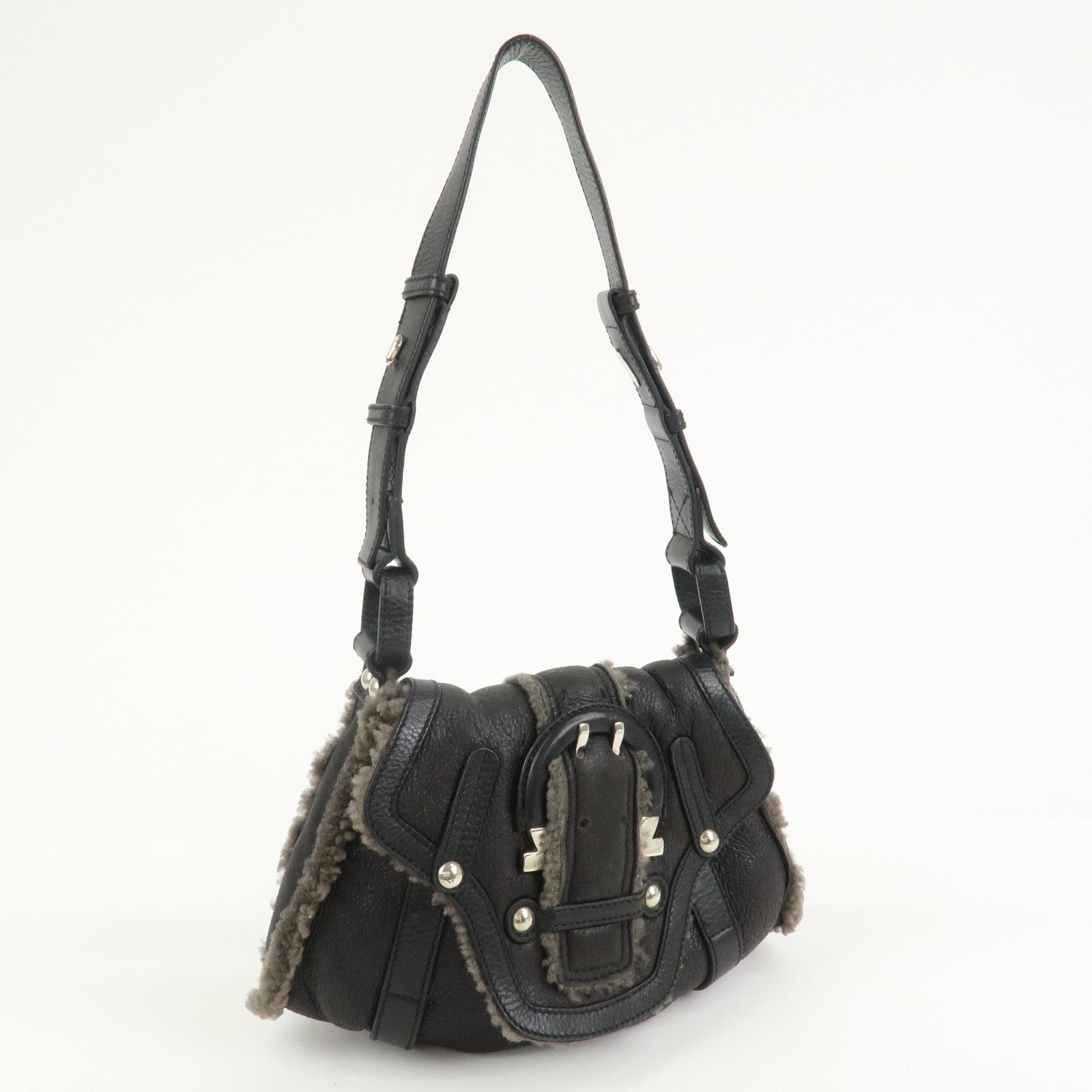 Ferragamo Gancini Mouton Leather Shoulder Bag Hand Bag Black