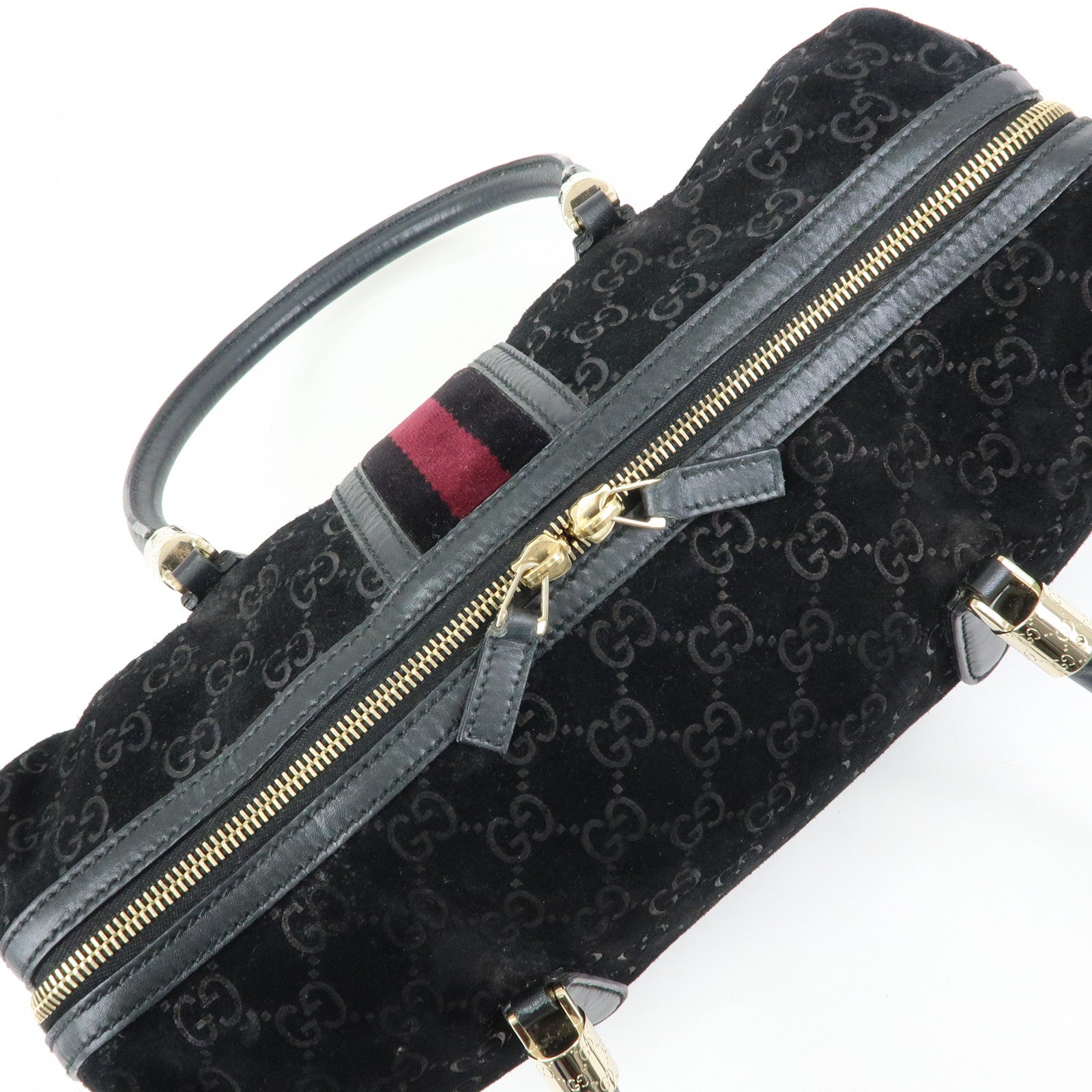 GUCCI GG Suede Leather Boston Bag Hand Bag Black Bordeaux 162739