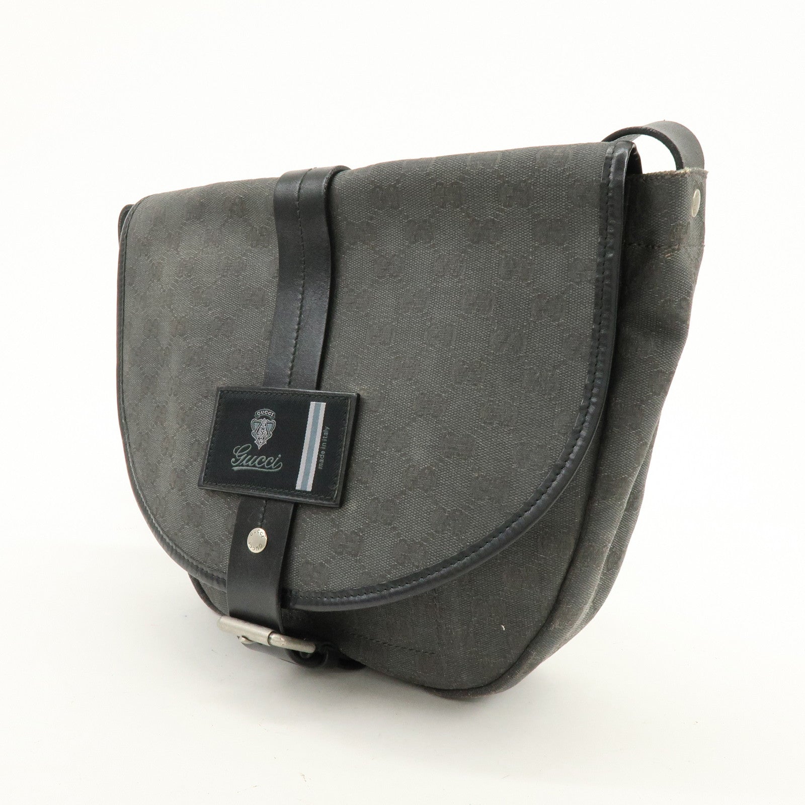 GUCCI Crest GG Canvas Leather Shoulder Bag Grey Black 223680