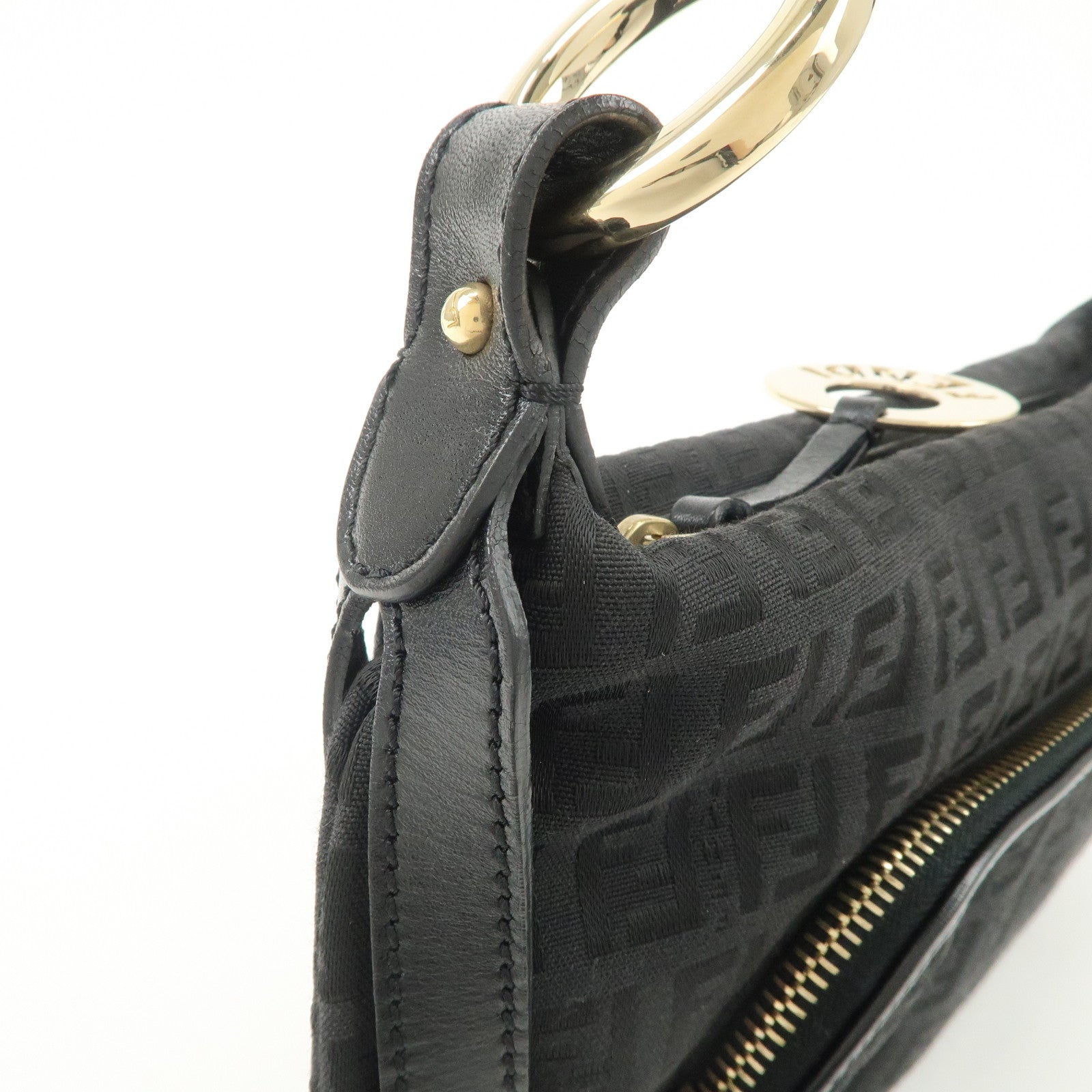 FENDI Zucchino Canvas Leather Logo Charm Shoulder Bag Black 8BR464