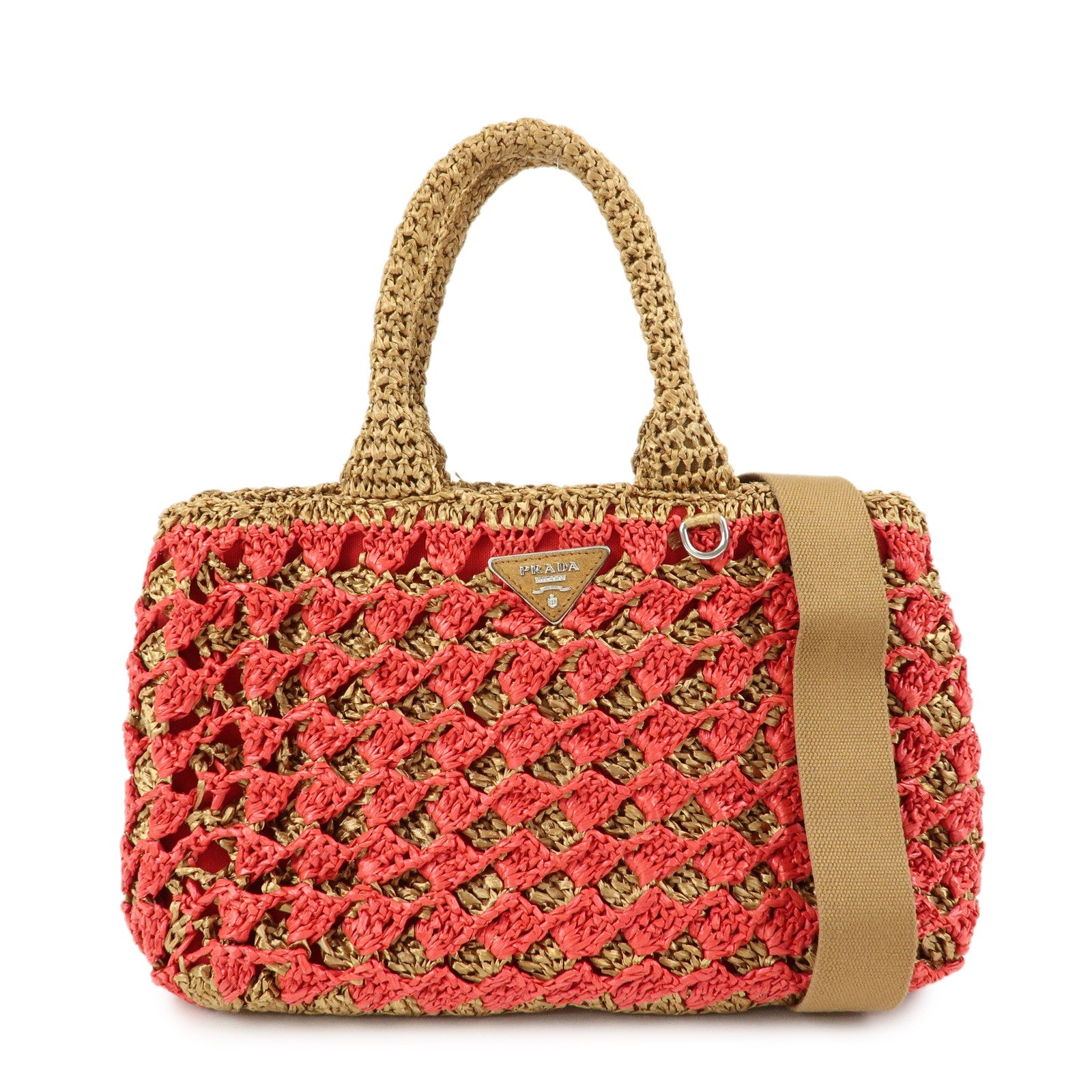 PRADA Triangle Logo Raffia 2Way Bag Hand Bag Shoulder Bag Red Brown
