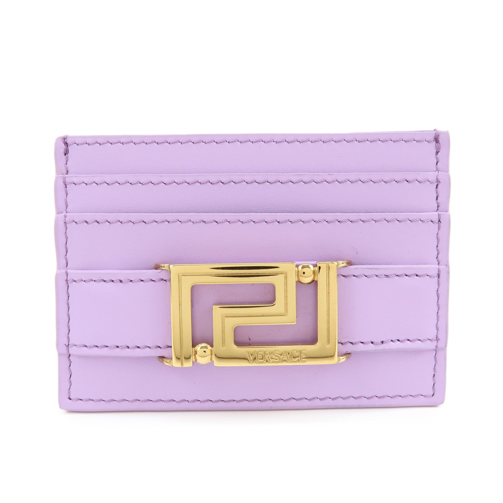 VERSACE Logo Leather Card Case Card Wallet Light Purple Gold