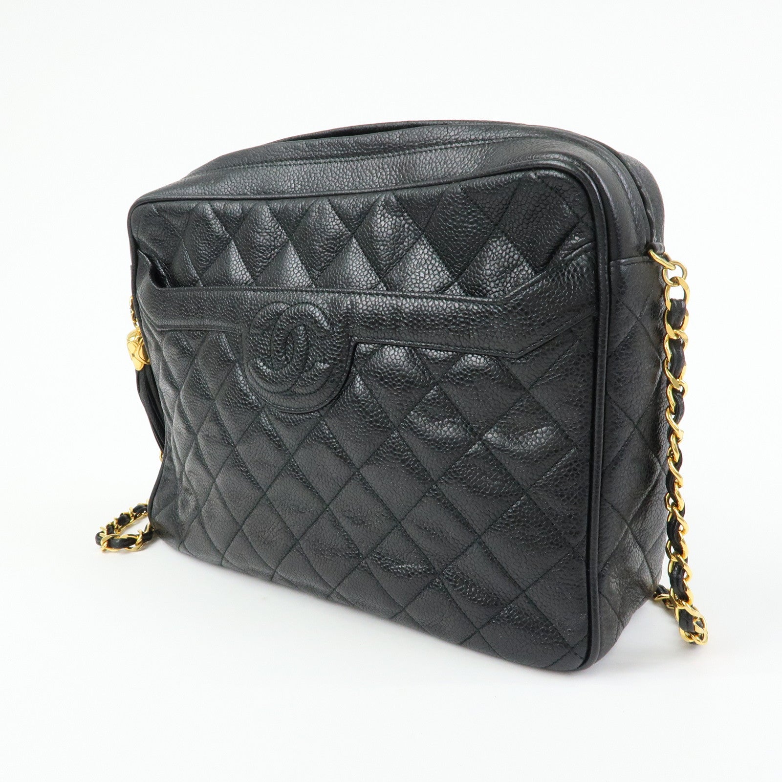 CHANEL Matelasse Cavairskin Chain Shoulder Bag Tassel Black Gold