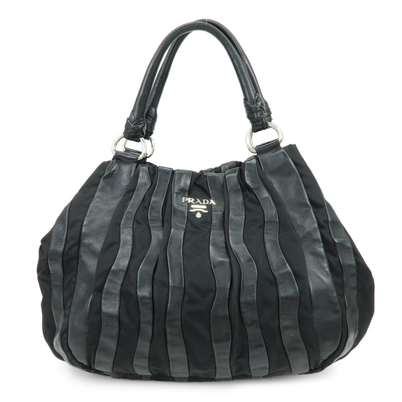 PRADA Logo Leather Nylon Tote Bag Shoulder Bag Black BR3994