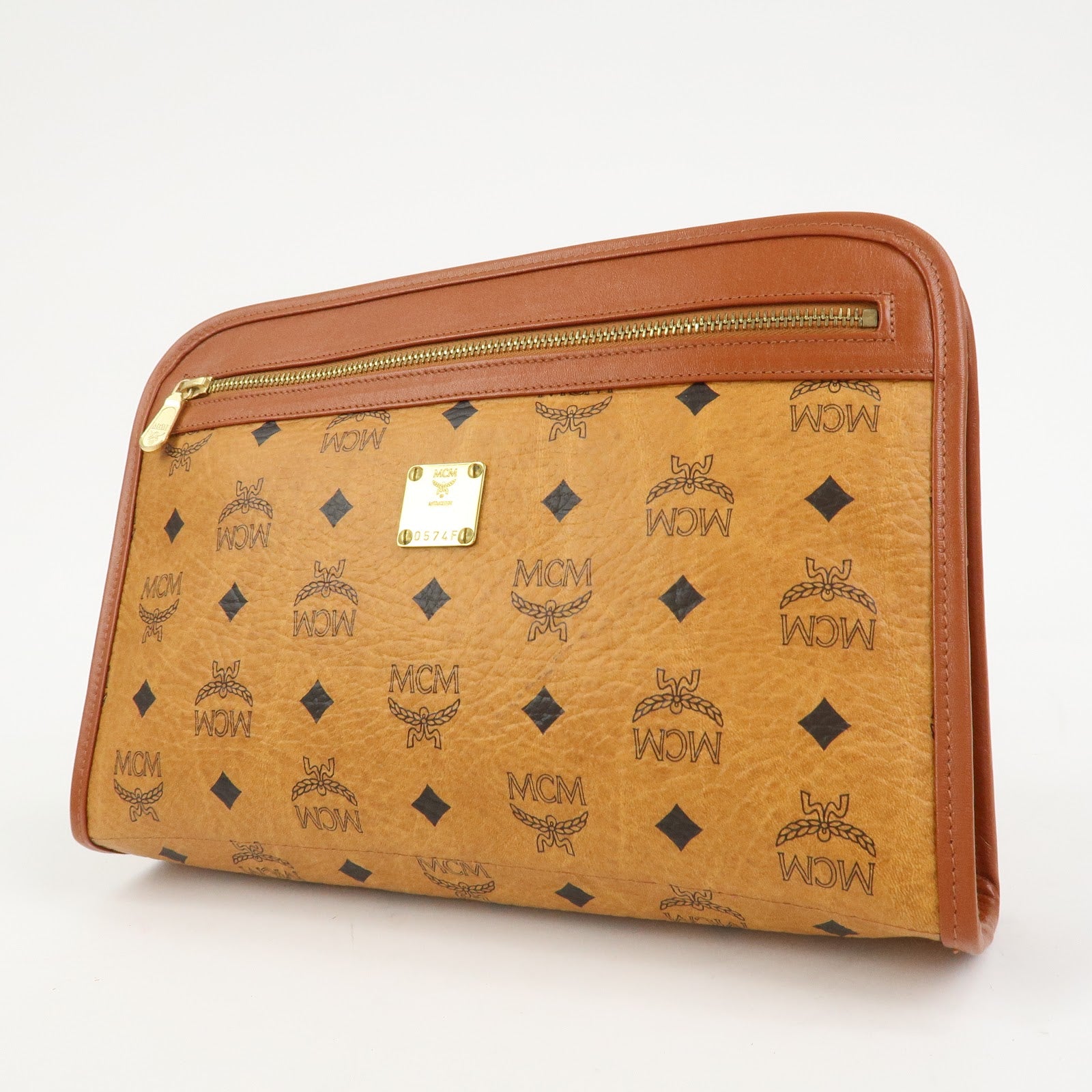MCM Visetos Leather Clutch Bag Pouch Light Brown