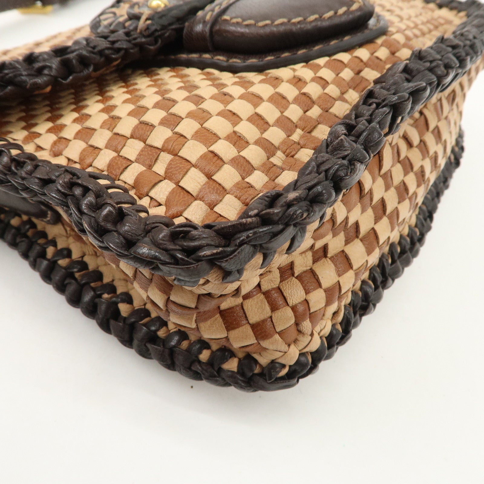 PRADA Madras Leather Shoulder bag Beige Brown BT781V Used