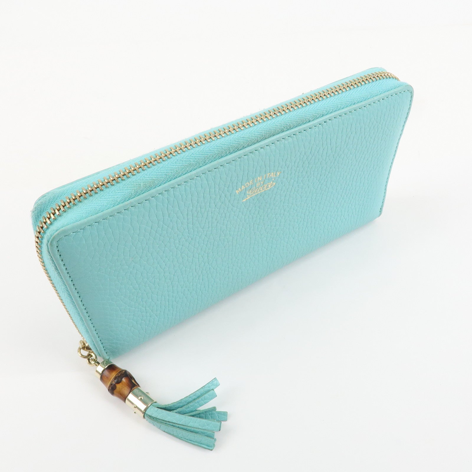 GUCCI Bamboo Leather Round Zippy Wallet Long Wallet Light Blue 307984 Used