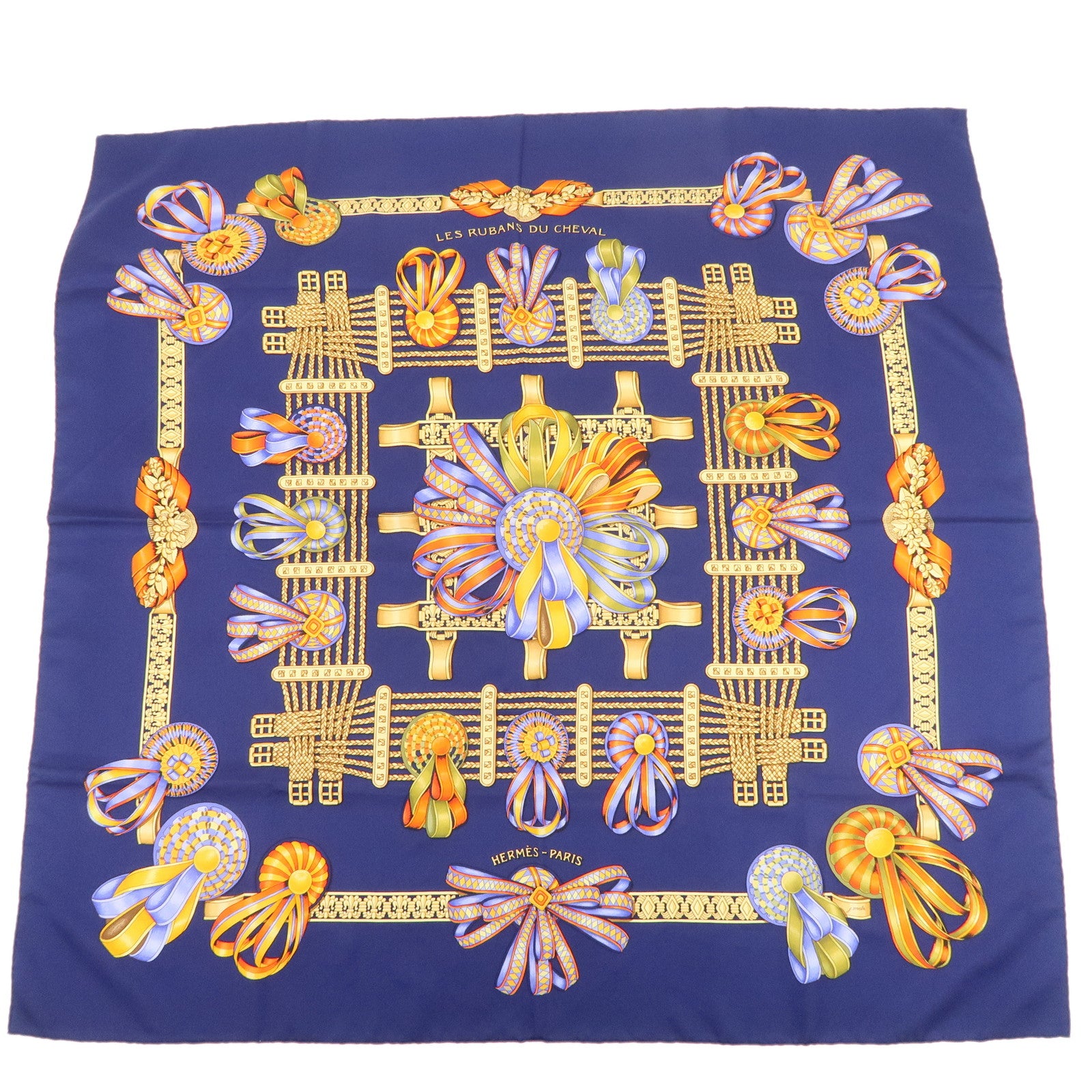 HERMES Carre 90 LES RUBANS DU CHEVAL Silk 100% Scarf Navy
