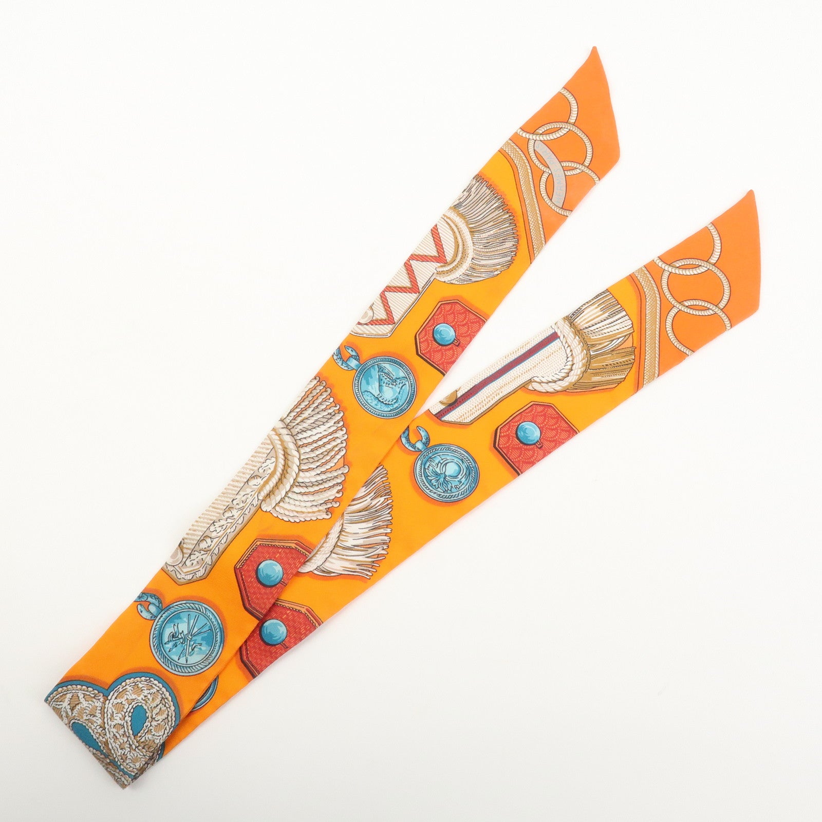 HERMES Twilly Tassel Motif Silk 100% Scarf Orange