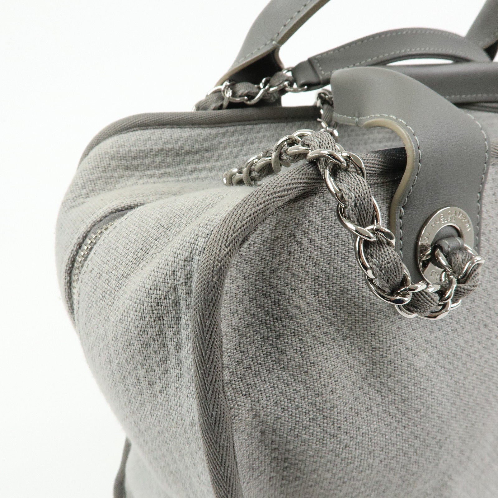 CHANEL Deauville Canvas Leather 2Way Boston Chain Shoulder Bag Gray
