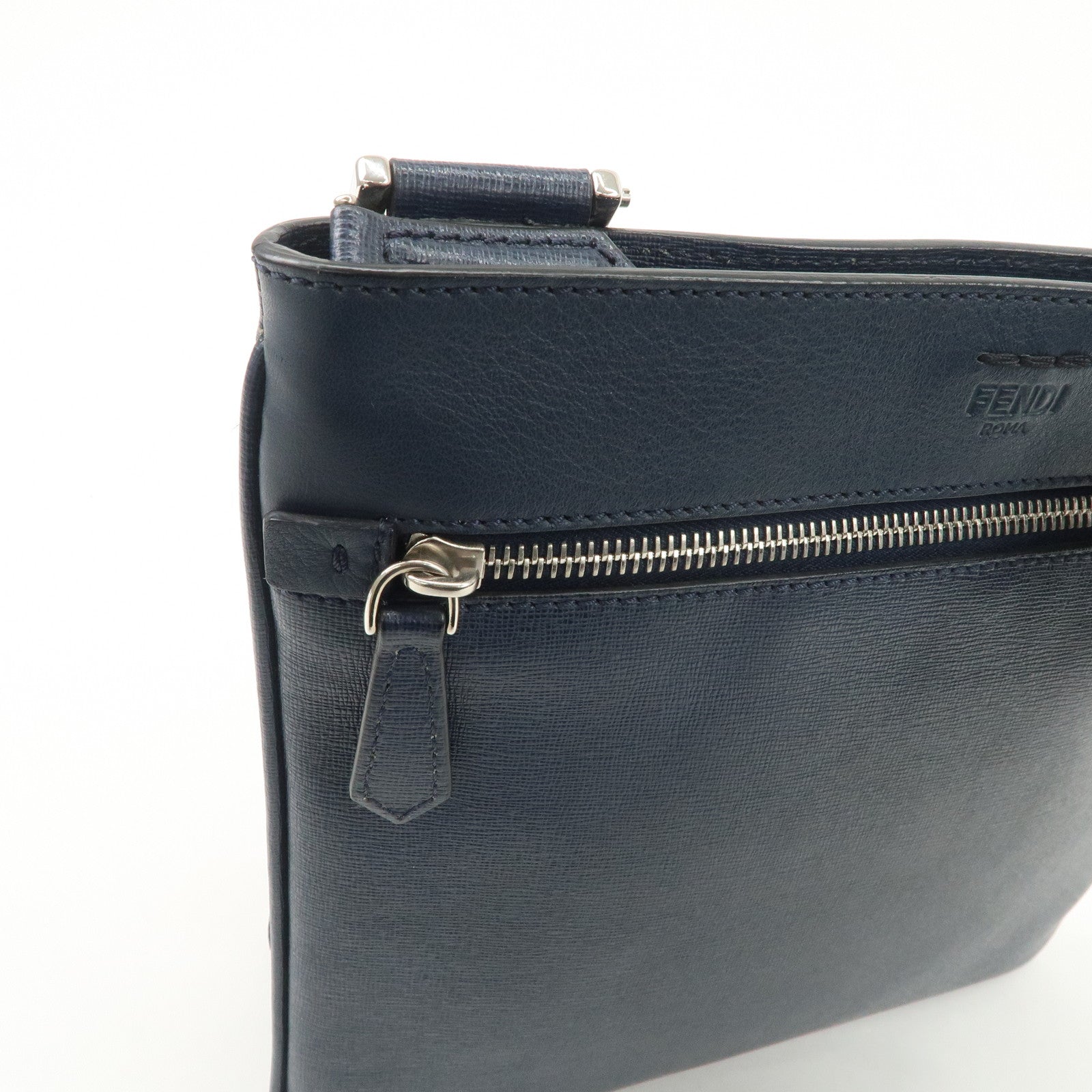 FENDI Logo Leather Shoulder Bag Crossbody Bag Navy 7VA357 Used