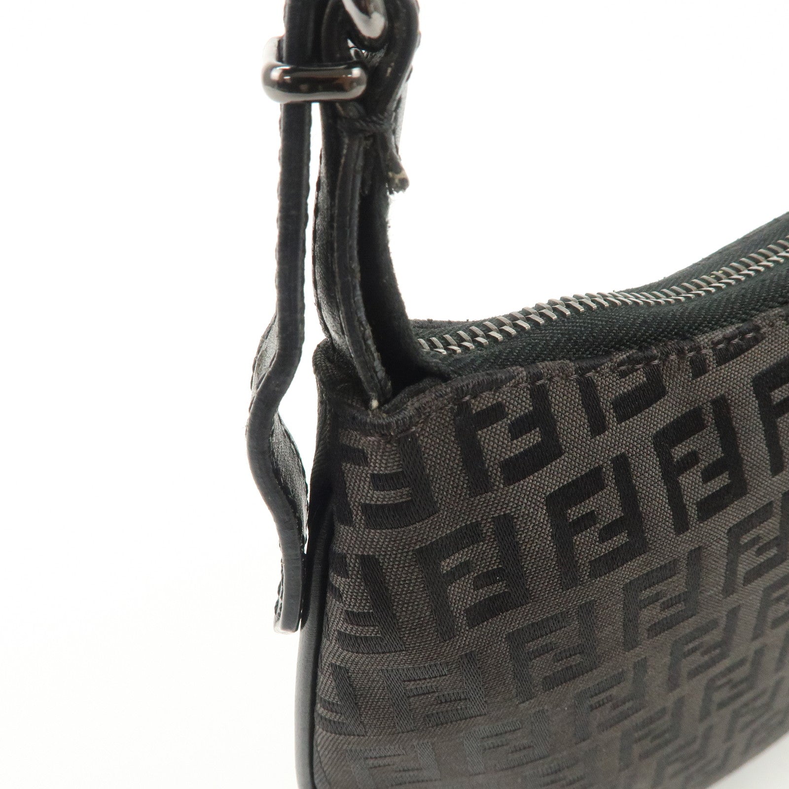 FENDI Zucchino Canvas Leather Shoulder Bag Hand Bag Black 8BR248