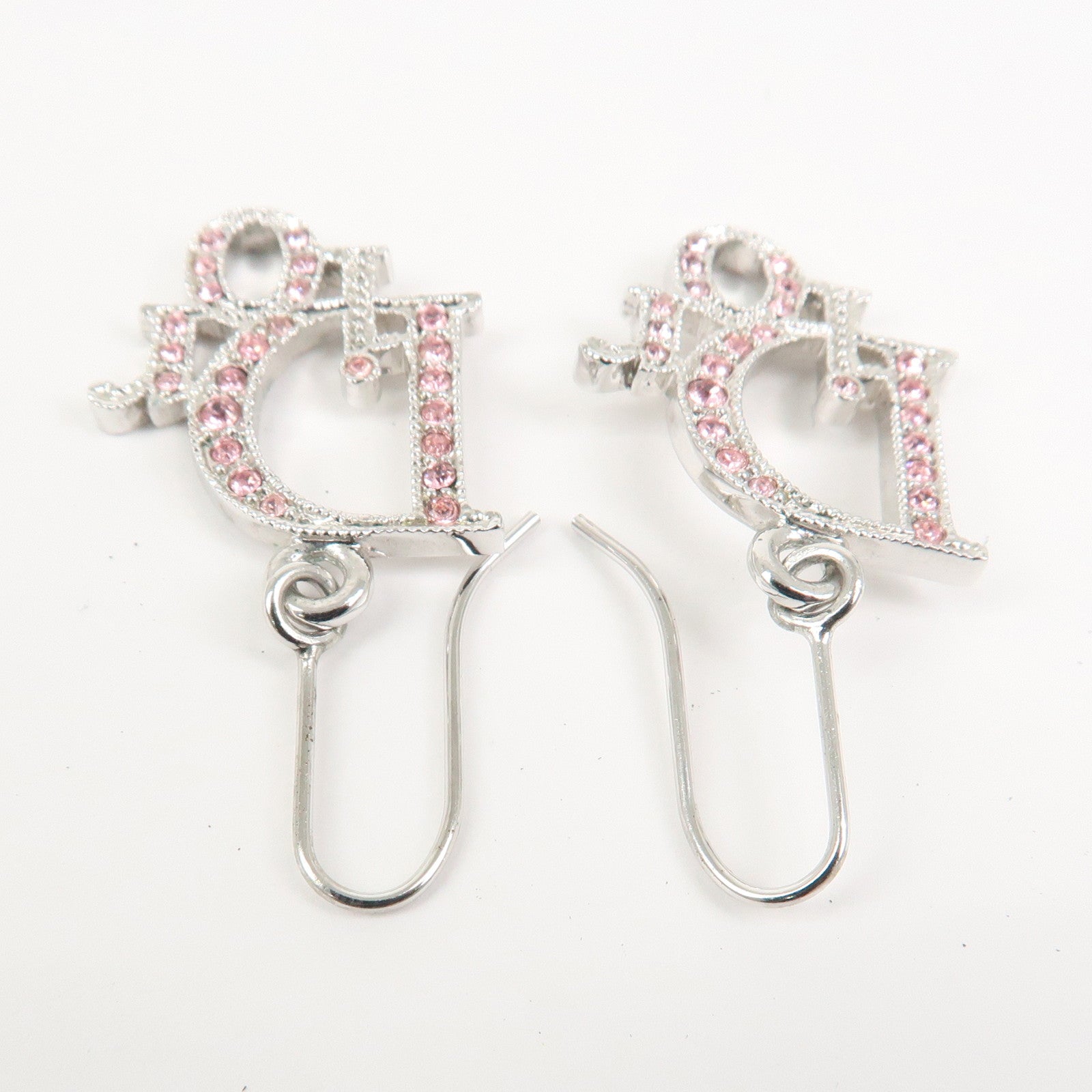 Christian Dior Logo Earrings Metal Silver Pink Crystals
