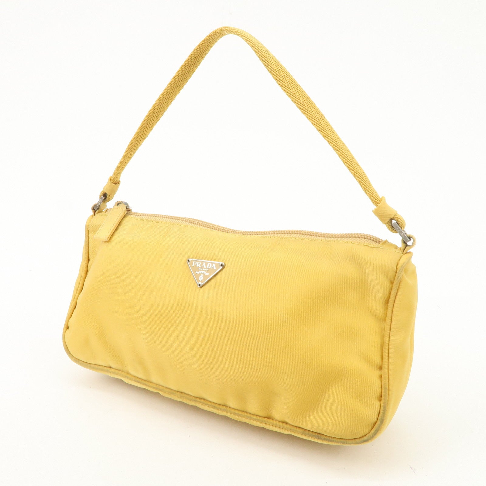 PRADA Triangle Logo Nylon Pouch Shoulder Bag Hand Bag Yellow Used