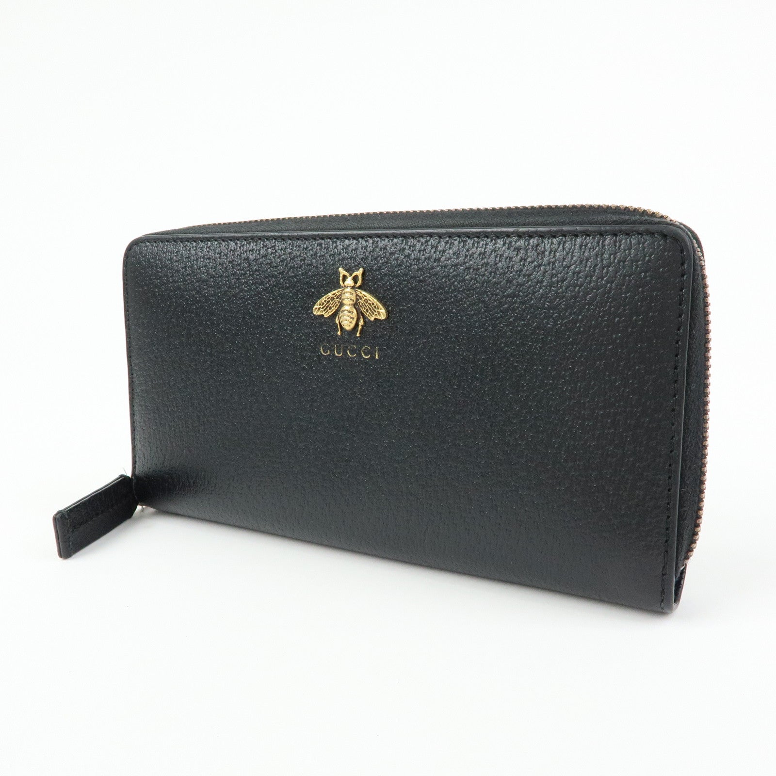GUCCI Animalier Bee Leather Zip-Around Long Wallet Black 523667