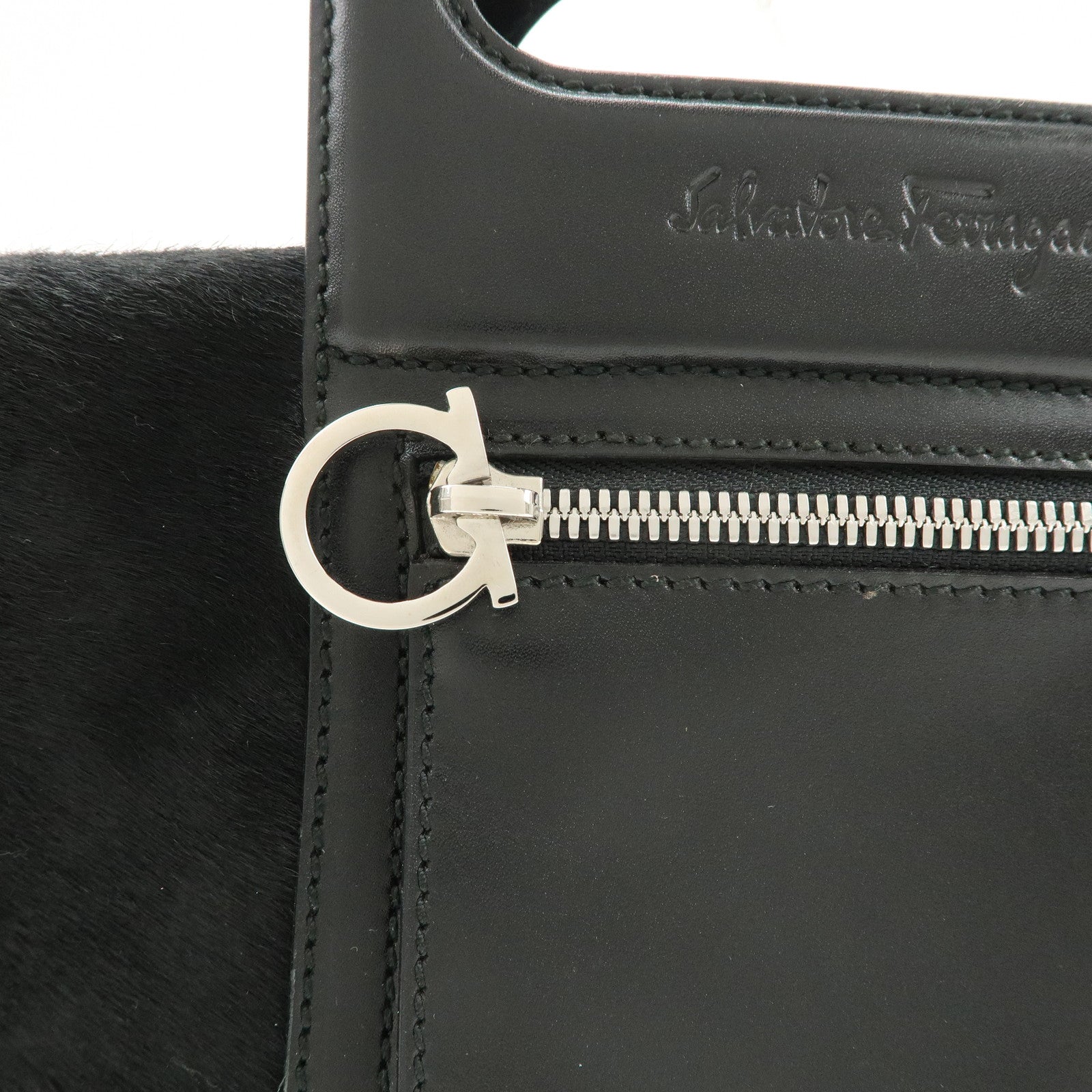 Ferragamo Gancini Leather Unborn Calf Hand Bag Black Used