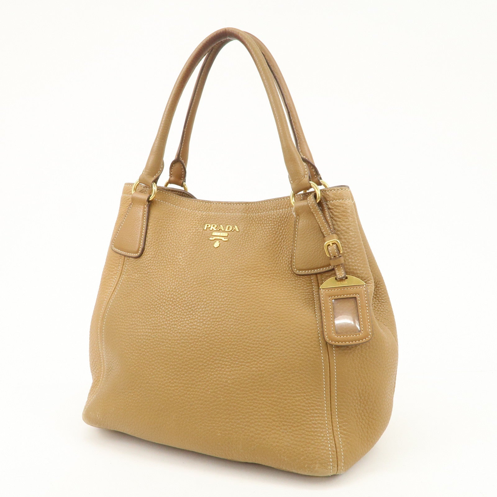 PRADA Leather Tote Bag Hand Bag Shoulder Bag Beige Gold HDW Used